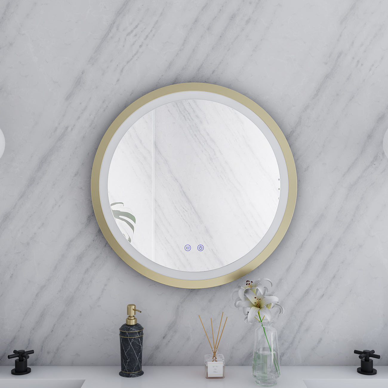 Aydin 24 by 24 Inch Round Lighted Mirror with Anti-Fog - Brushed Brass Frame | Alternative Image 02 | finish:Brushed Brass