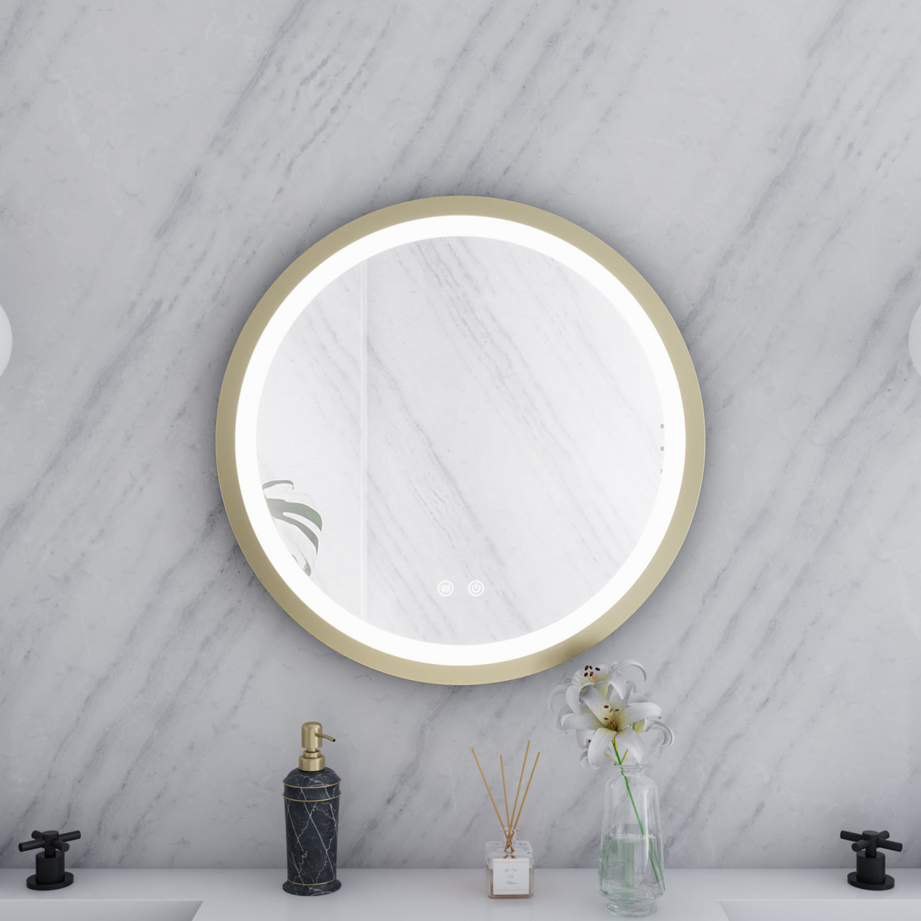 Aydin 24 by 24 Inch Round Lighted Mirror with Anti-Fog - Brushed Brass Frame | Alternative Image 03 | finish:Brushed Brass