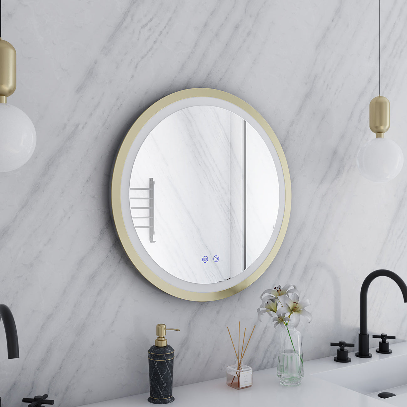 Aydin 24 by 24 Inch Round Lighted Mirror with Anti-Fog - Brushed Brass Frame | Alternative Image 04 | finish:Brushed Brass