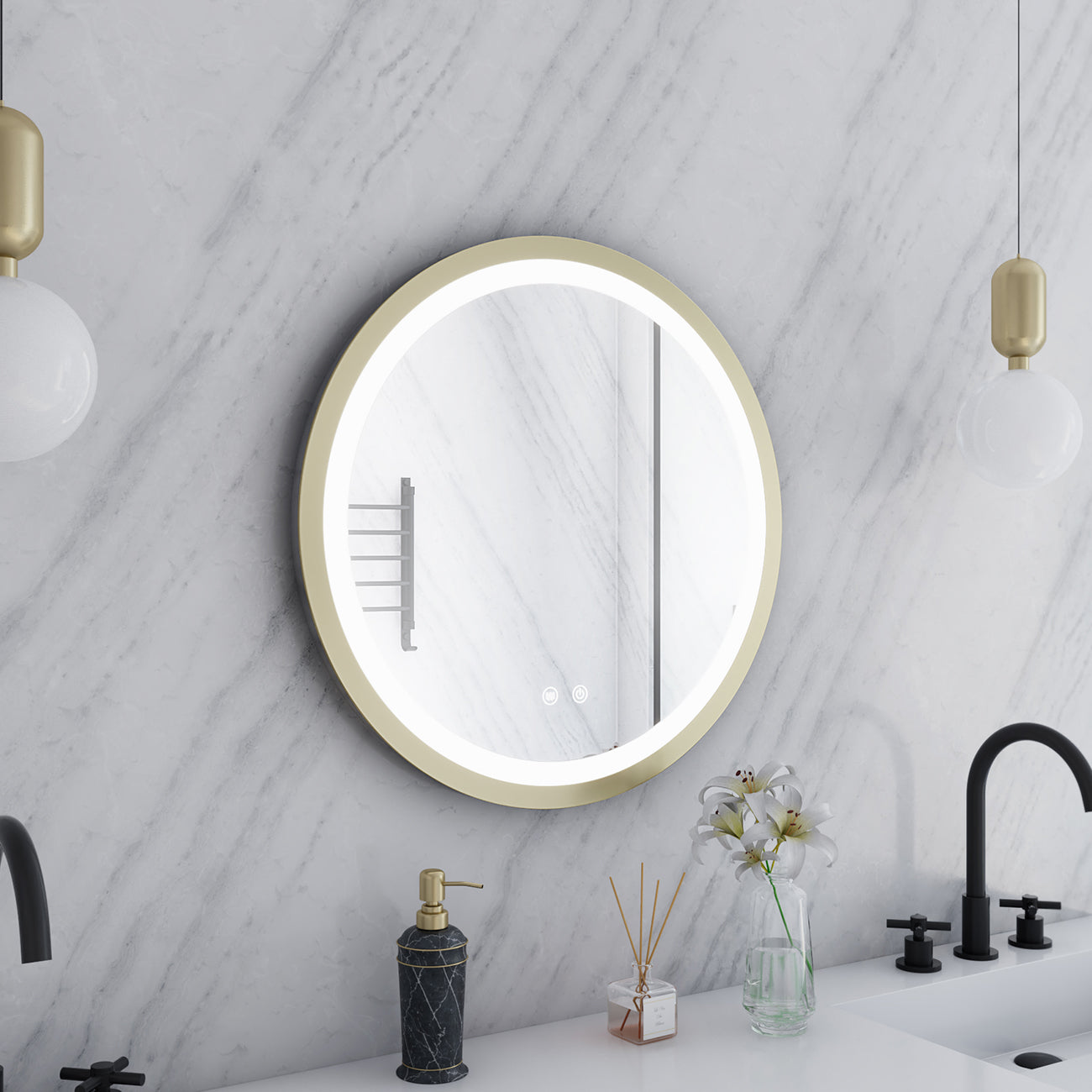 Aydin 24 by 24 Inch Round Lighted Mirror with Anti-Fog - Brushed Brass Frame | Alternative Image 05 | finish:Brushed Brass