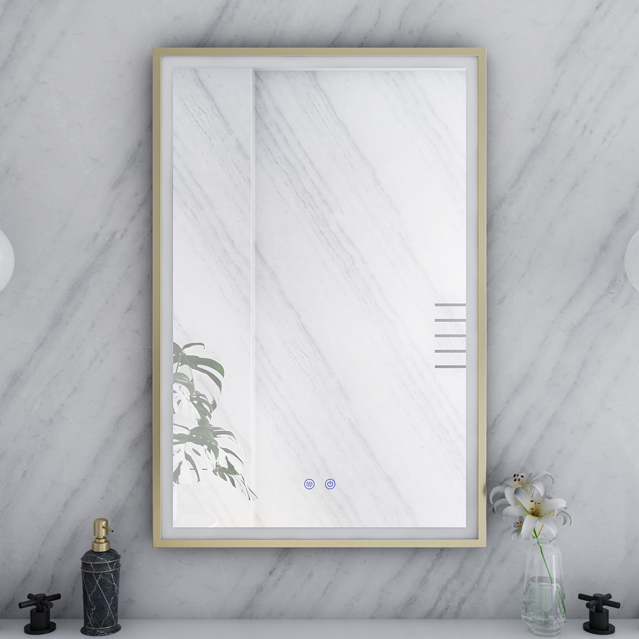 Aydin 24 by 36 Inch Rectangle Lighted Mirror with Anti-Fog - Brushed Brass Frame | Alternative Image 02 | finish:Brushed Brass