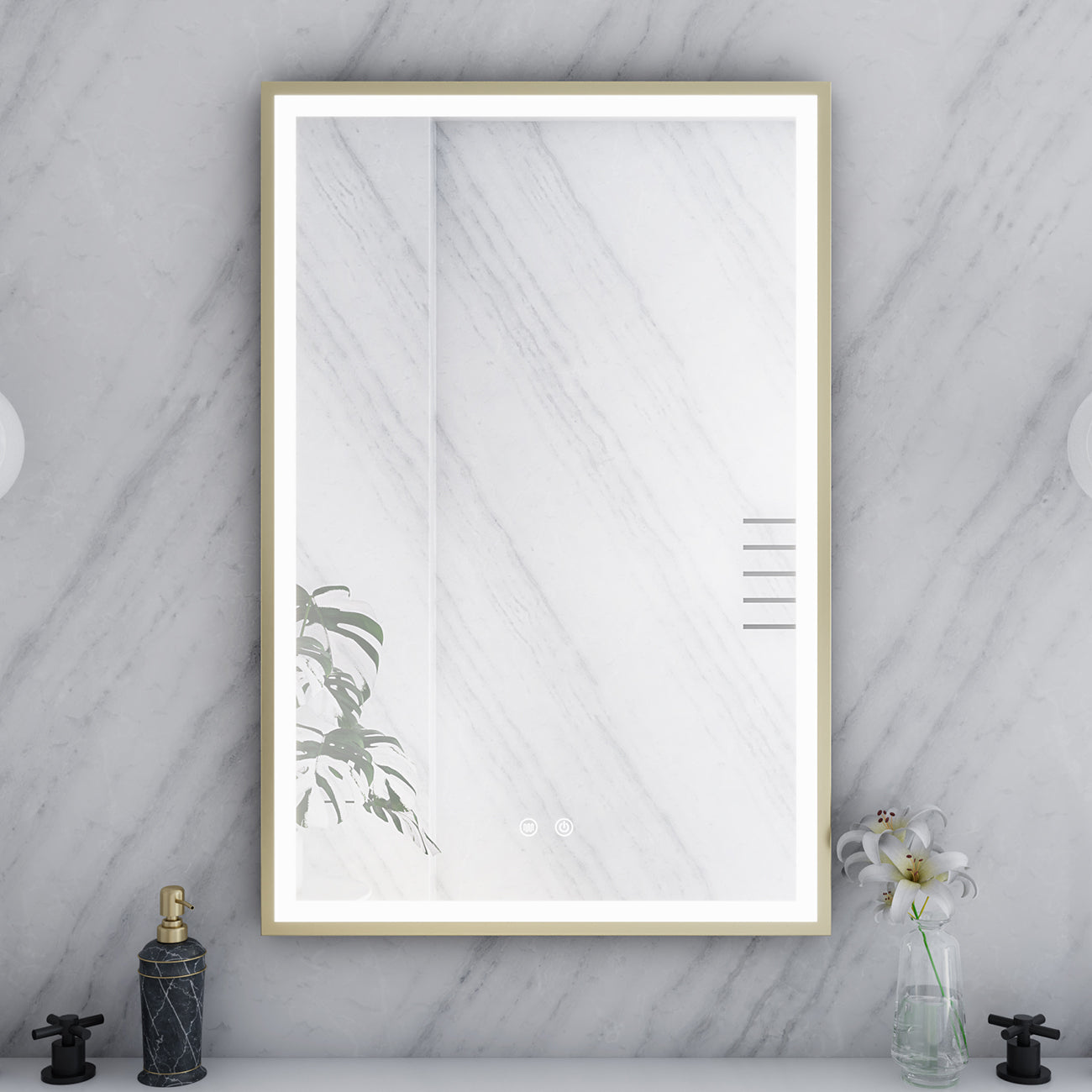 Aydin 24 by 36 Inch Rectangle Lighted Mirror with Anti-Fog - Brushed Brass Frame | Alternative Image 03 | finish:Brushed Brass