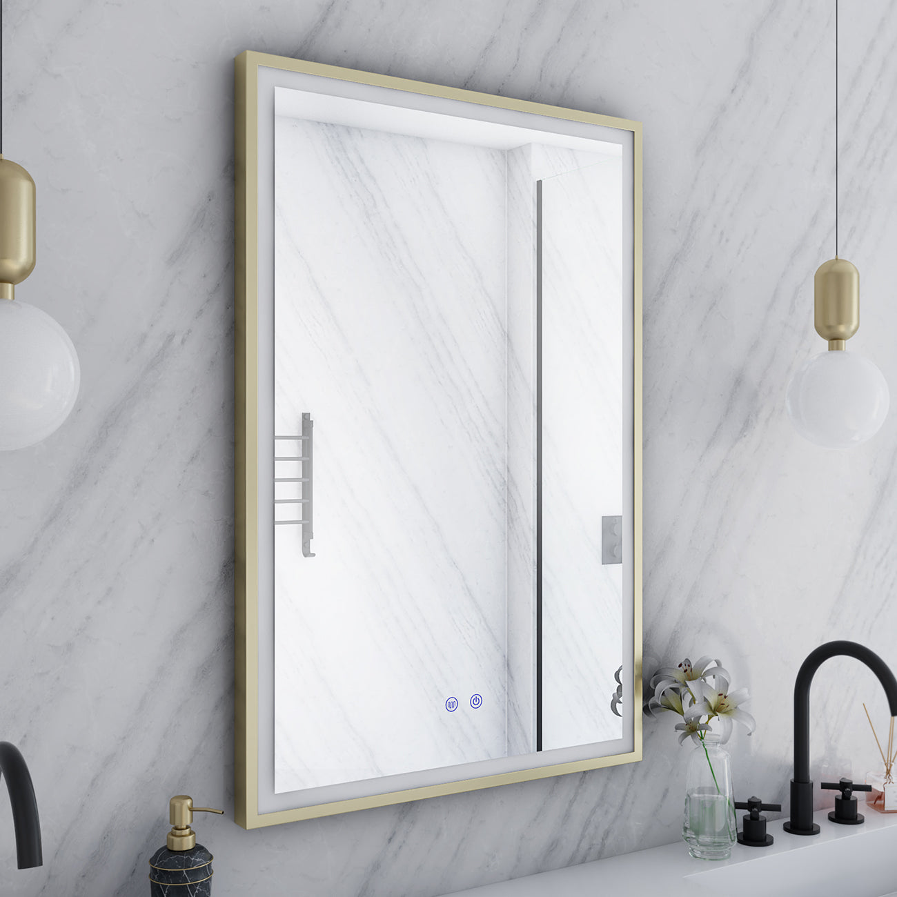 Aydin 24 by 36 Inch Rectangle Lighted Mirror with Anti-Fog - Brushed Brass Frame | Alternative Image 04 | finish:Brushed Brass
