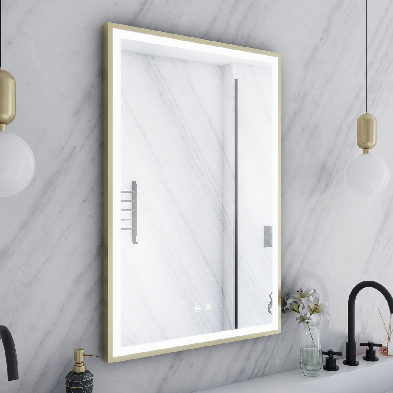 Aydin 24 by 36 Inch Rectangle Lighted Mirror with Anti-Fog - Brushed Brass Frame | Alternative Image 05 | finish:Brushed Brass