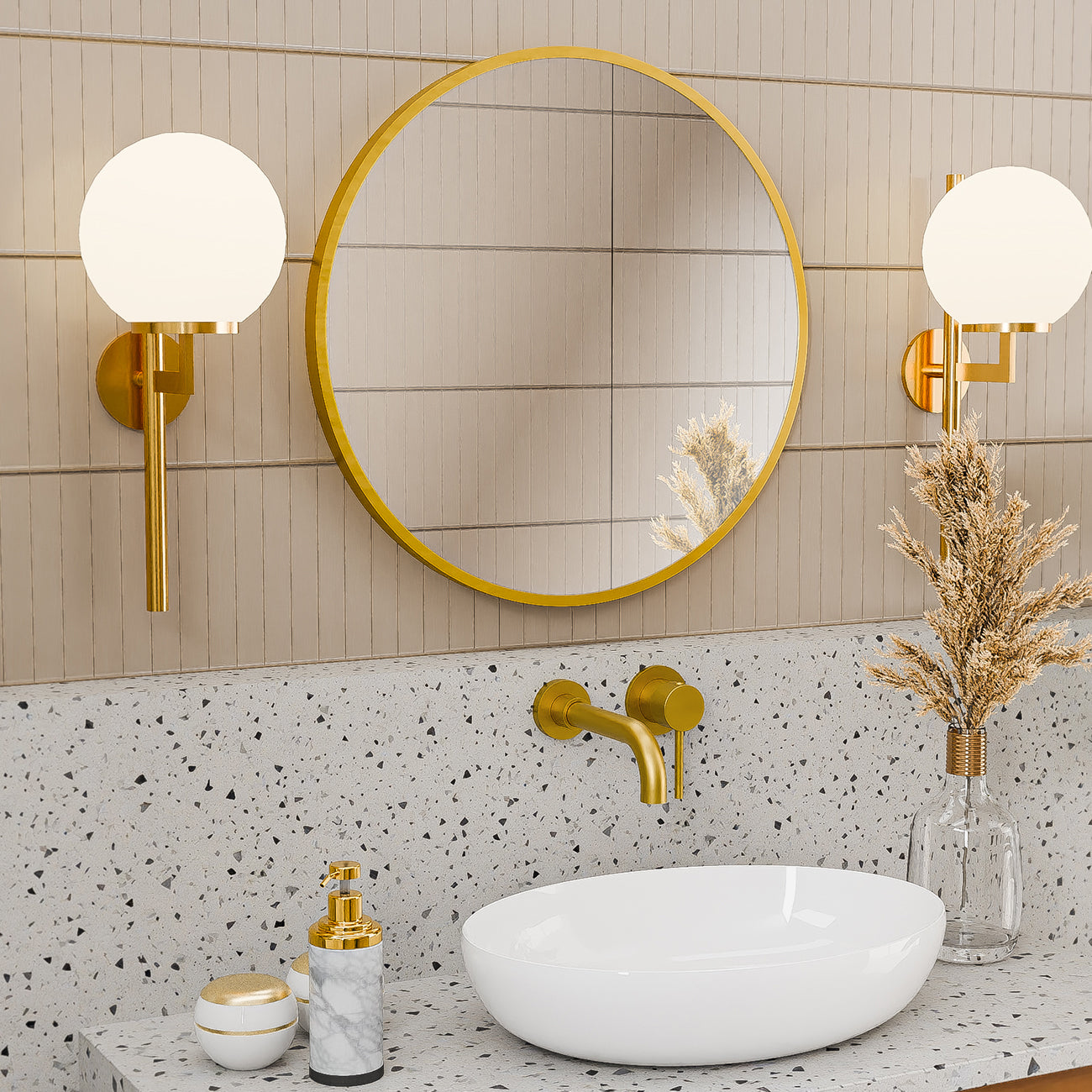Eria 24 by 24 Inch Round Mirror - Brushed Brass Frame | Alternative Image 03 | finish:Brushed Brass