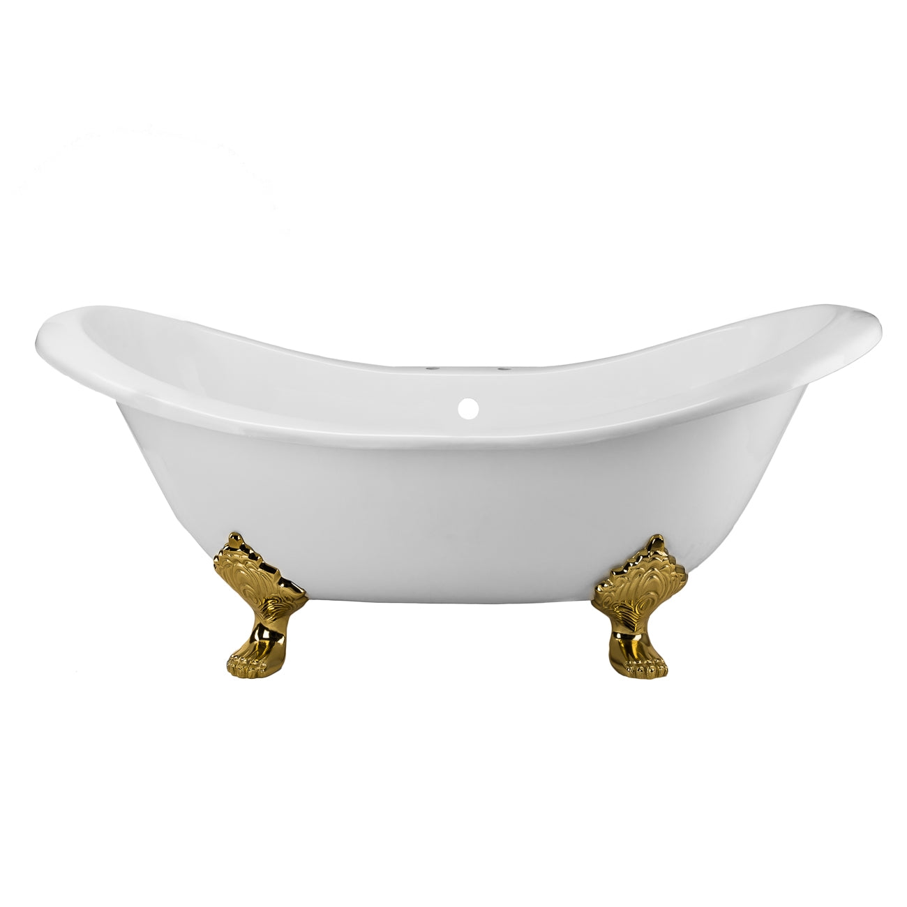 Ravelle 61 Inch Cast Iron Double Slipper Tub - Rim Faucet Drillings - Lion Paw Feet - Polished Brass Foot Finish | Alternative Image 01 | length:61 | faucet centers:7" Tub Rim | foot finish:Brass