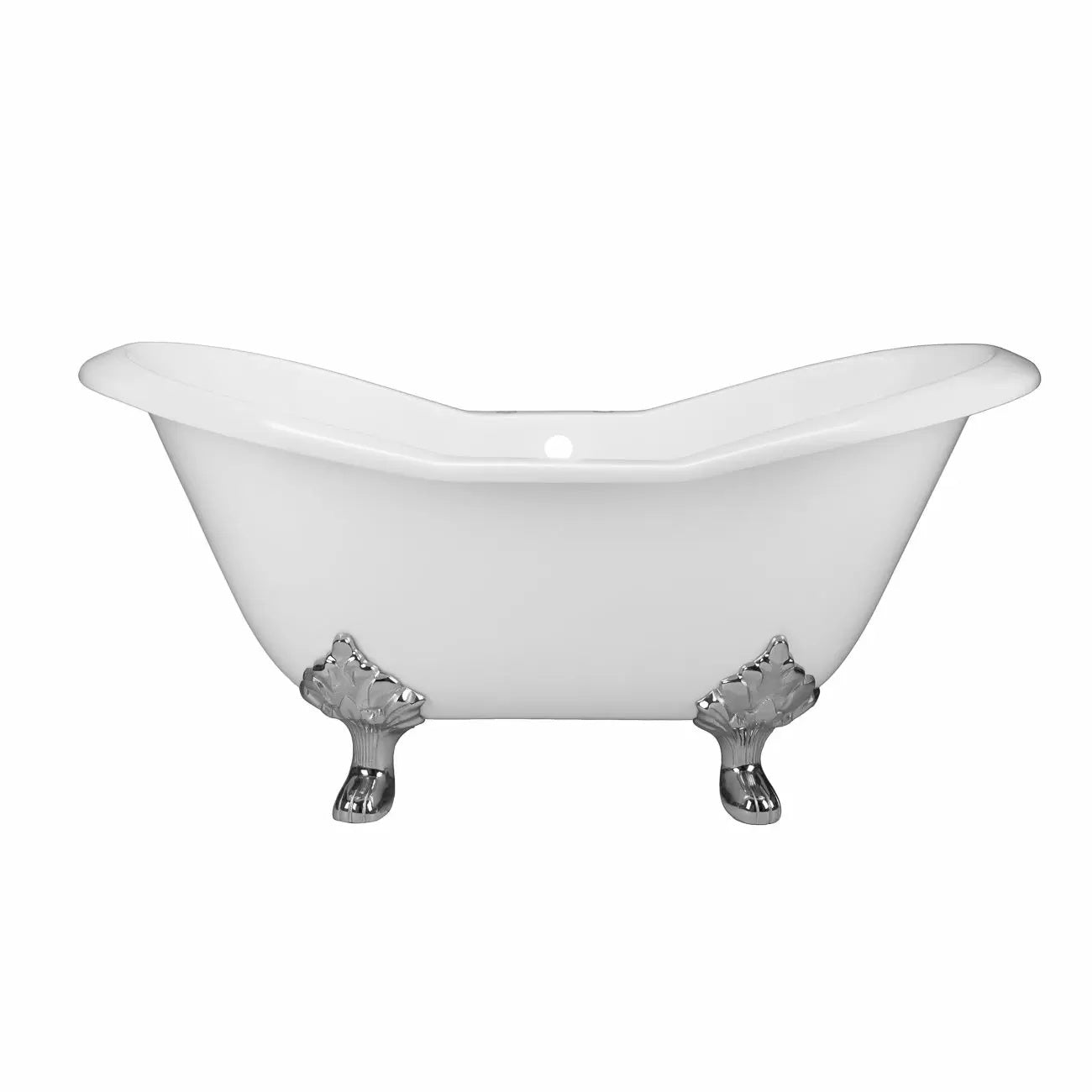 Ravelle 72 Inch Cast Iron Double Slipper Tub - Rim Faucet Drillings - Lion Paw Feet - Chrome Foot Finish | Alternative Image 01 | length:72 | faucet centers:7" Tub Rim | foot finish:Chrome