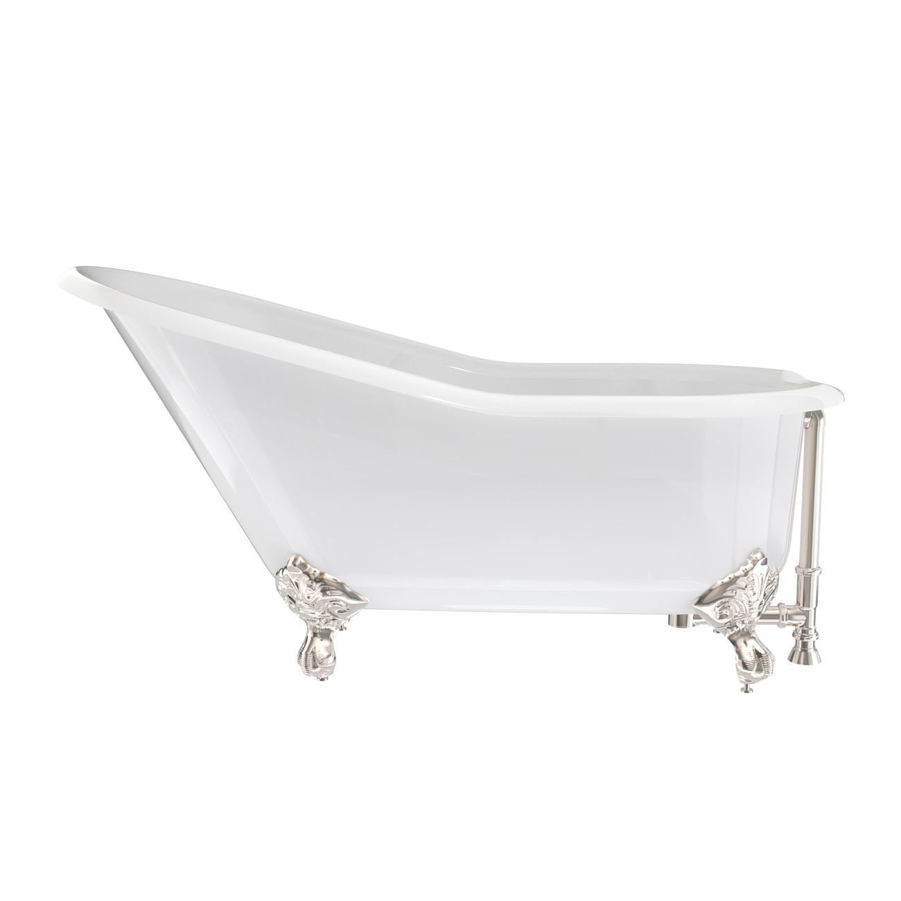 Finn 54 Inch Cast Iron Slipper Clawfoot Bathtub – Rim Faucet Drillings – Polished Nickel Feet | Alternative Image 01 | length:54 | faucet centers:7" Tub Rim | foot finish:Polished Nickel