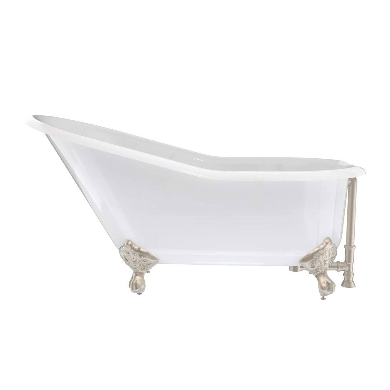 Finn 54 Inch Cast Iron Slipper Clawfoot Bathtub – Rim Faucet Drillings – Brushed Nickel Feet | Alternative Image 01 | length:54 | faucet centers:7" Tub Rim | foot finish:Brushed Nickel