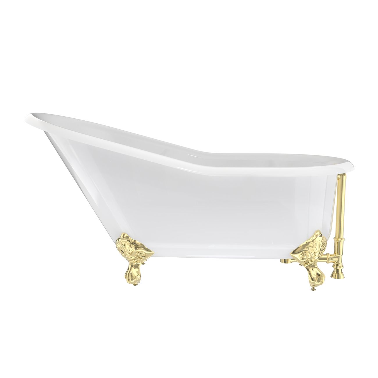 Finn 58 Inch Vintage Cast Iron Slipper Clawfoot Tub - No Faucet Drillings - Polished Brass Drain | Alternative Image 01 | length:58 | faucet centers:None | foot finish:Polished Brass