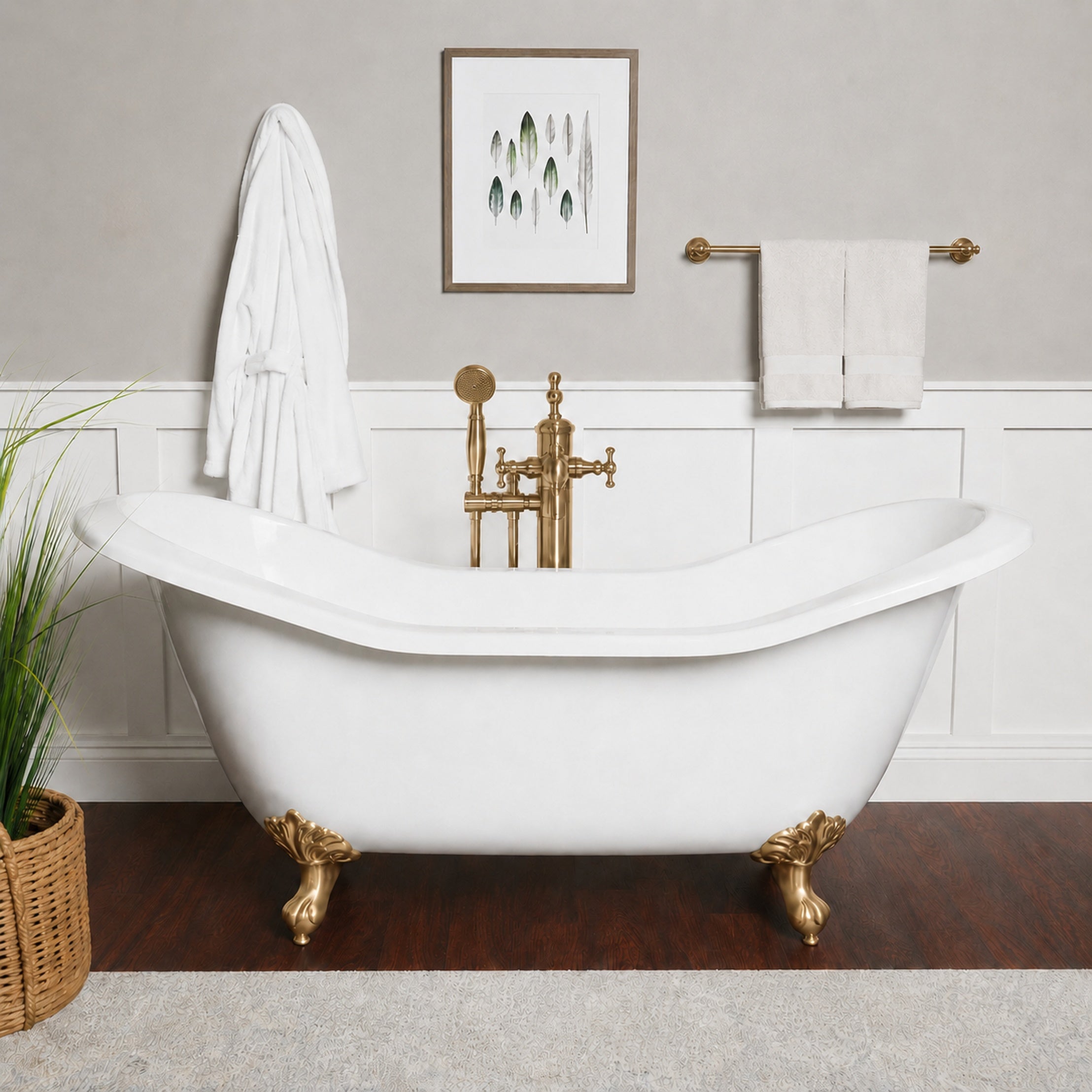 Amandine II 72-Inch Acrylic Double Slipper Clawfoot Tub - No Faucet Drillings - Imperial Ball and Claw Feet | Alternative Image 01 | length:72 | faucet centers:None | foot finish:Brushed Brass