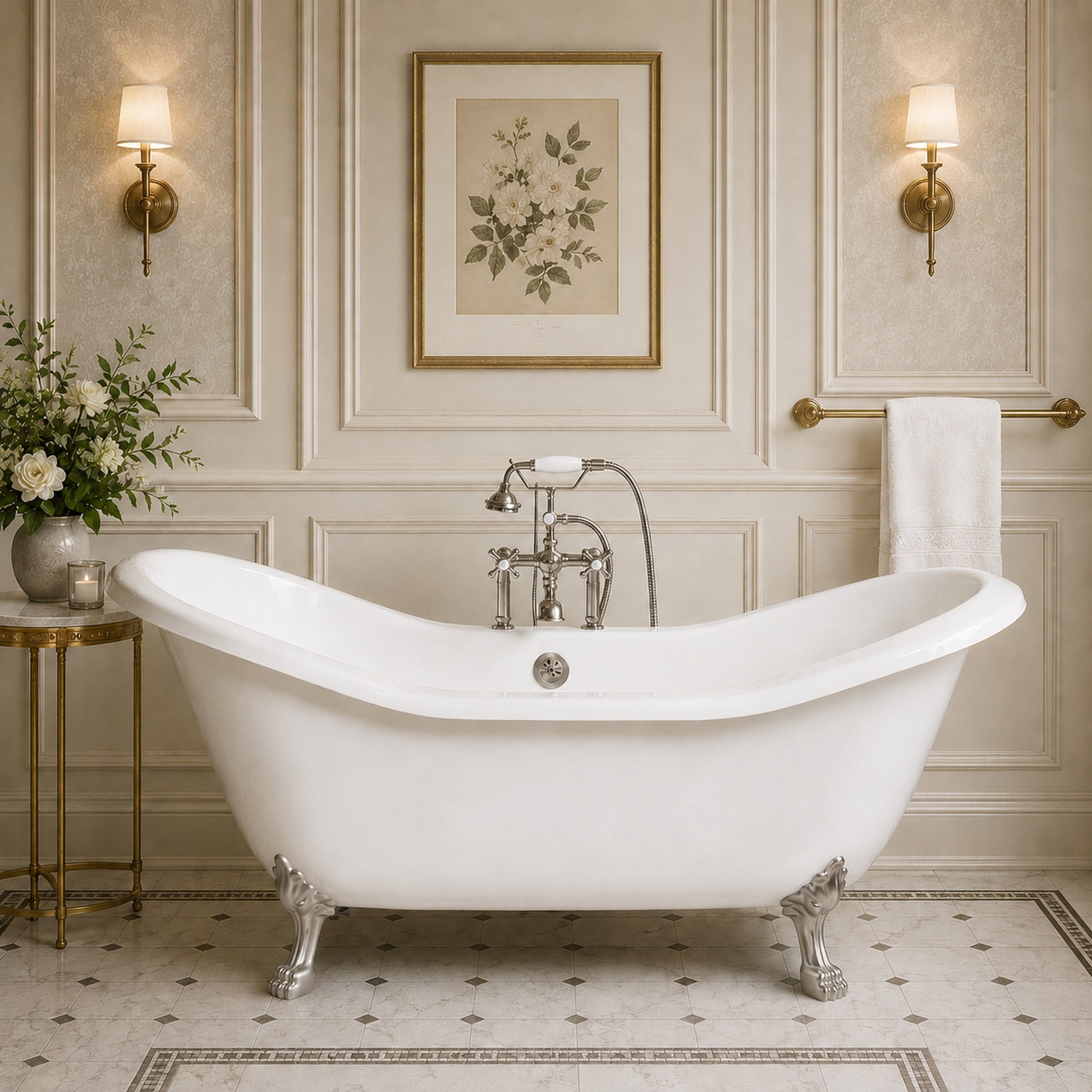 Amandine II 72-Inch Acrylic Double Slipper Clawfoot Tub - Rim Faucet Drillings - Lions Paw Feet | Alternative Image 01 | length:72 | faucet centers:7" | foot finish:White