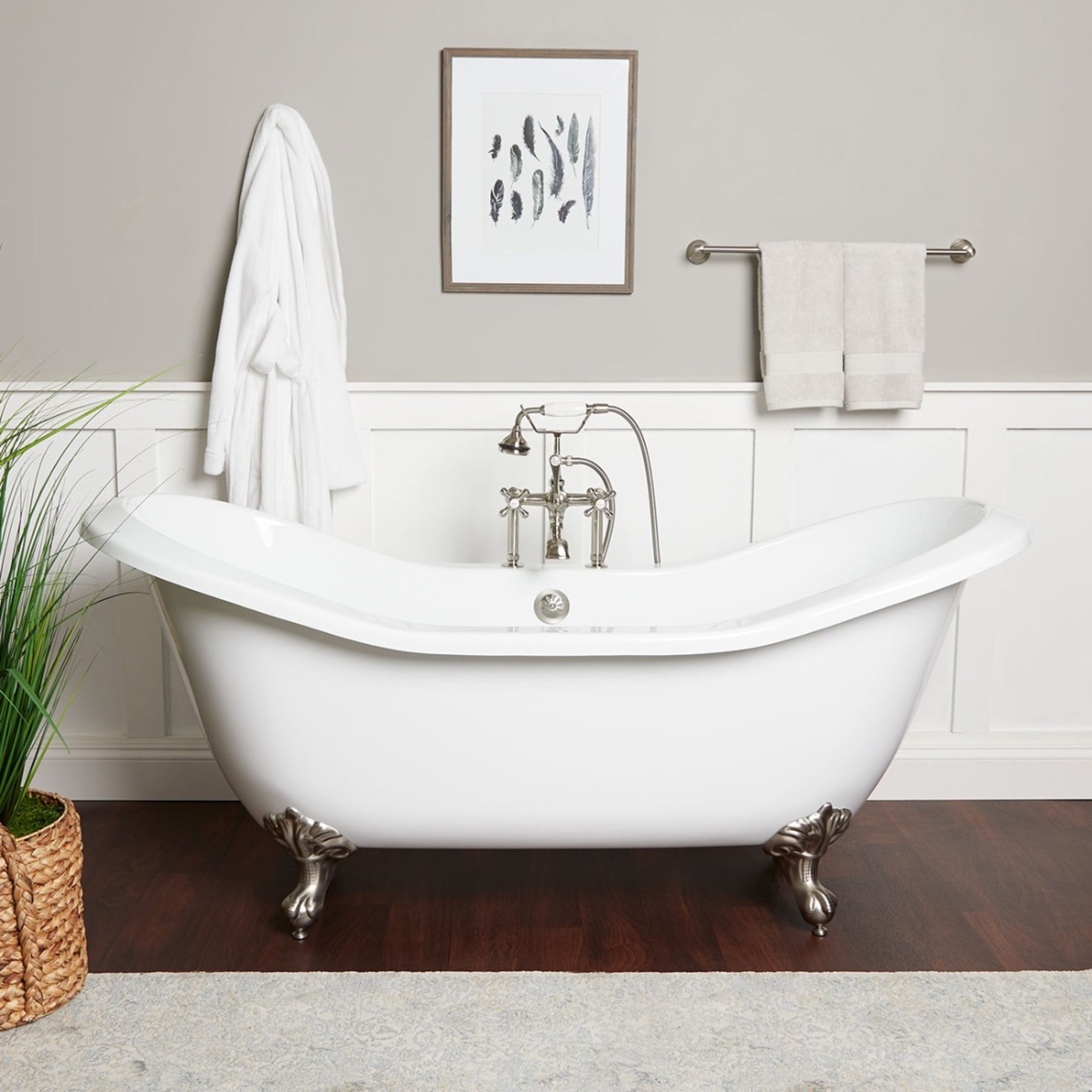 Amandine II 72-Inch Acrylic Double Slipper Clawfoot Tub - Rim Faucet Drillings - Imperial Ball and Claw Feet | Alternative Image 01 | length:72 | faucet centers:7" | foot finish:Polished Brass