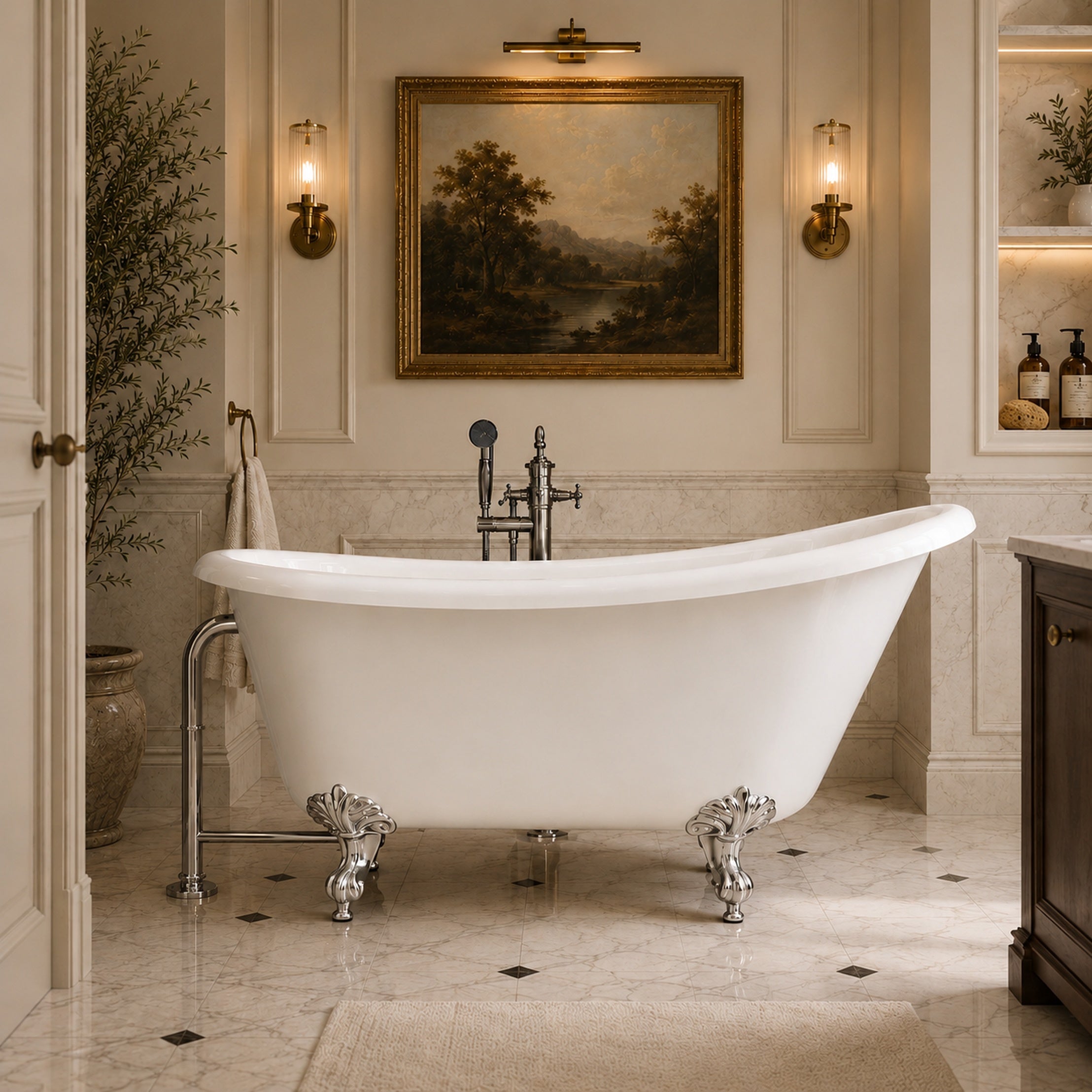 Hawke II 54-Inch Acrylic Slipper Clawfoot Tub - No Faucet Drillings - Imperial Ball and Claw Feet | Alternative Image 01 | length:54.5 | faucet centers:None | foot finish:Chrome