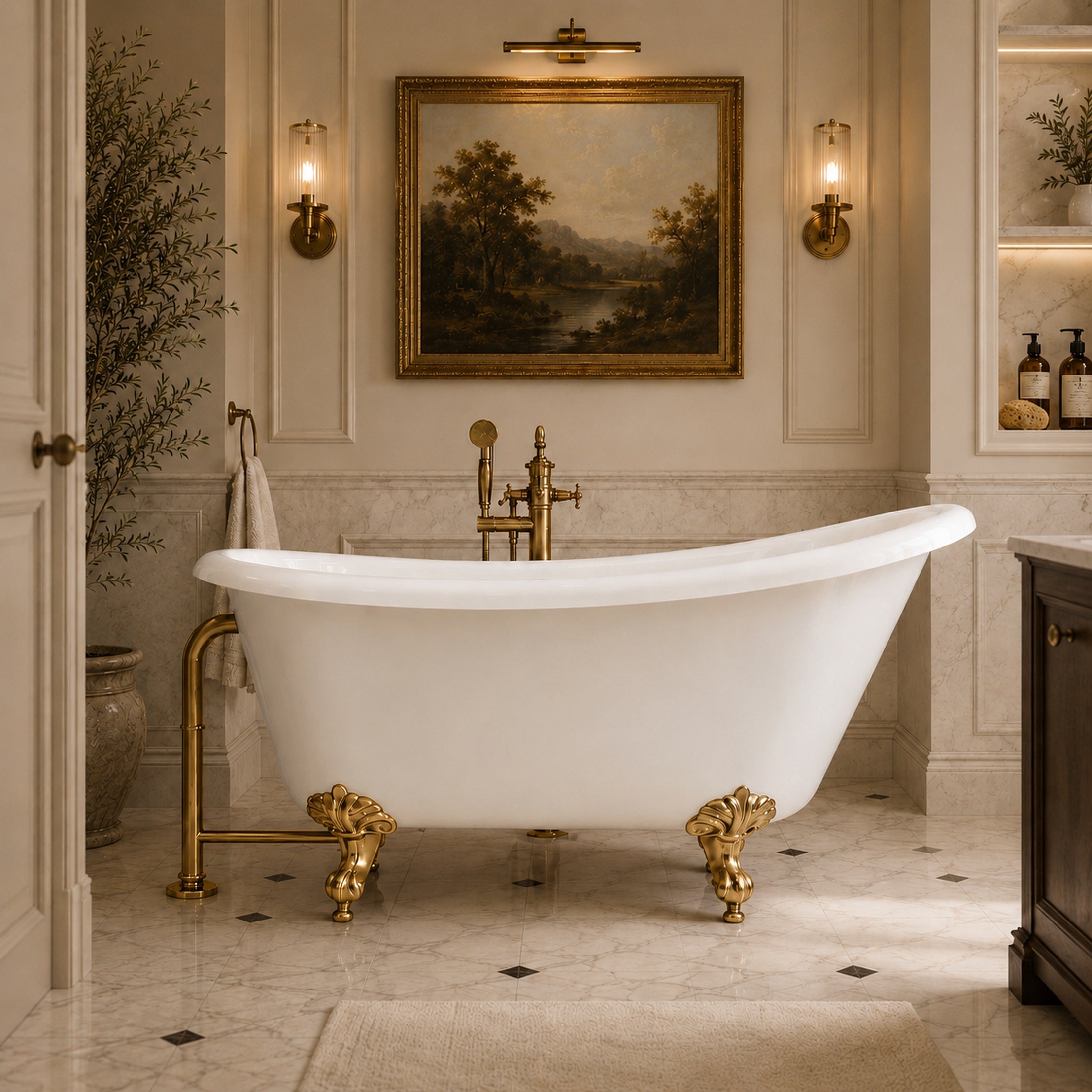 Hawke II 54-Inch Acrylic Slipper Clawfoot Tub - No Faucet Drillings - Imperial Ball and Claw Feet | Alternative Image 01 | length:54.5 | faucet centers:None | foot finish:Polished Brass