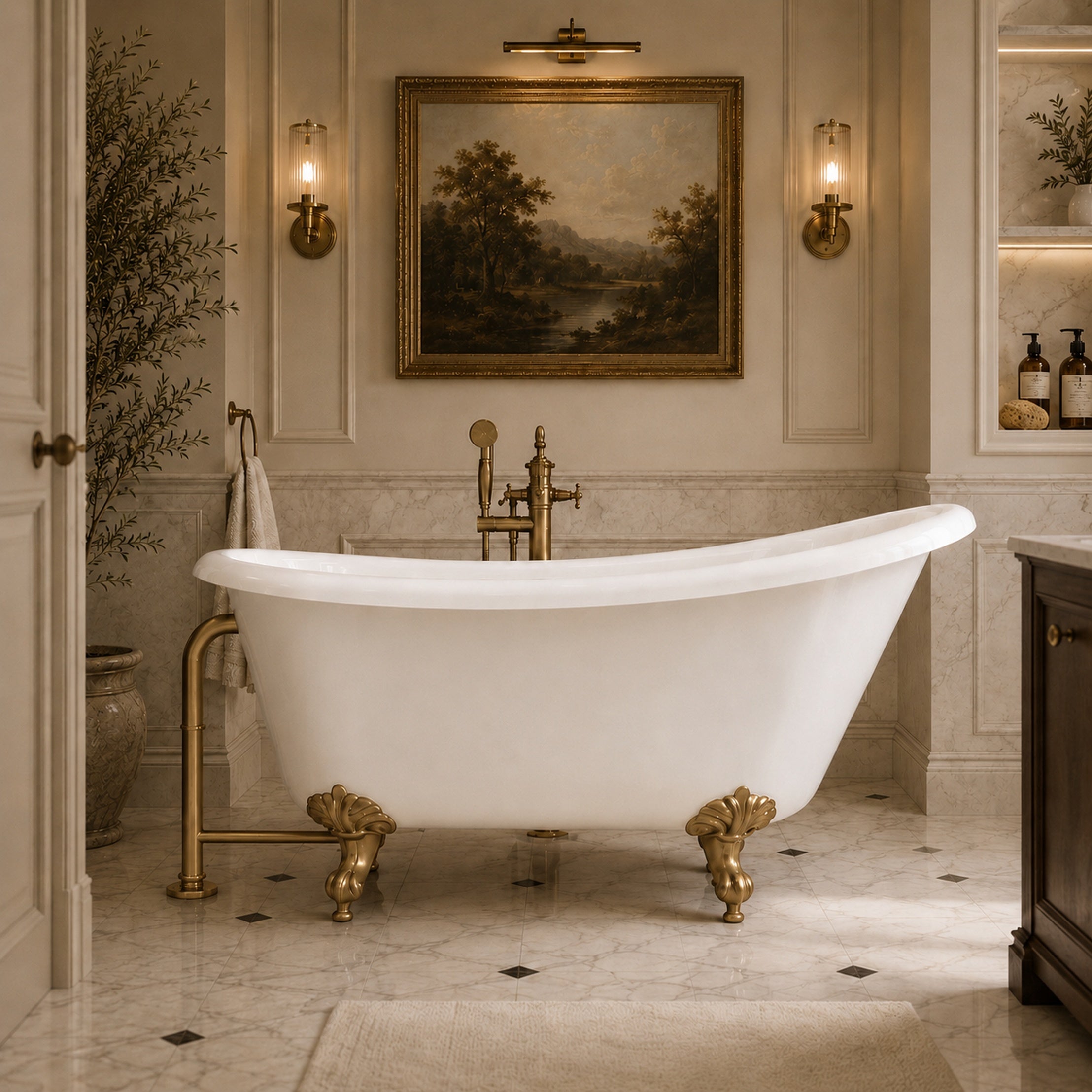 Hawke II 54-Inch Acrylic Slipper Clawfoot Tub - No Faucet Drillings - Imperial Ball and Claw Feet | Alternative Image 01 | length:54.5 | faucet centers:None | foot finish:Brushed Brass