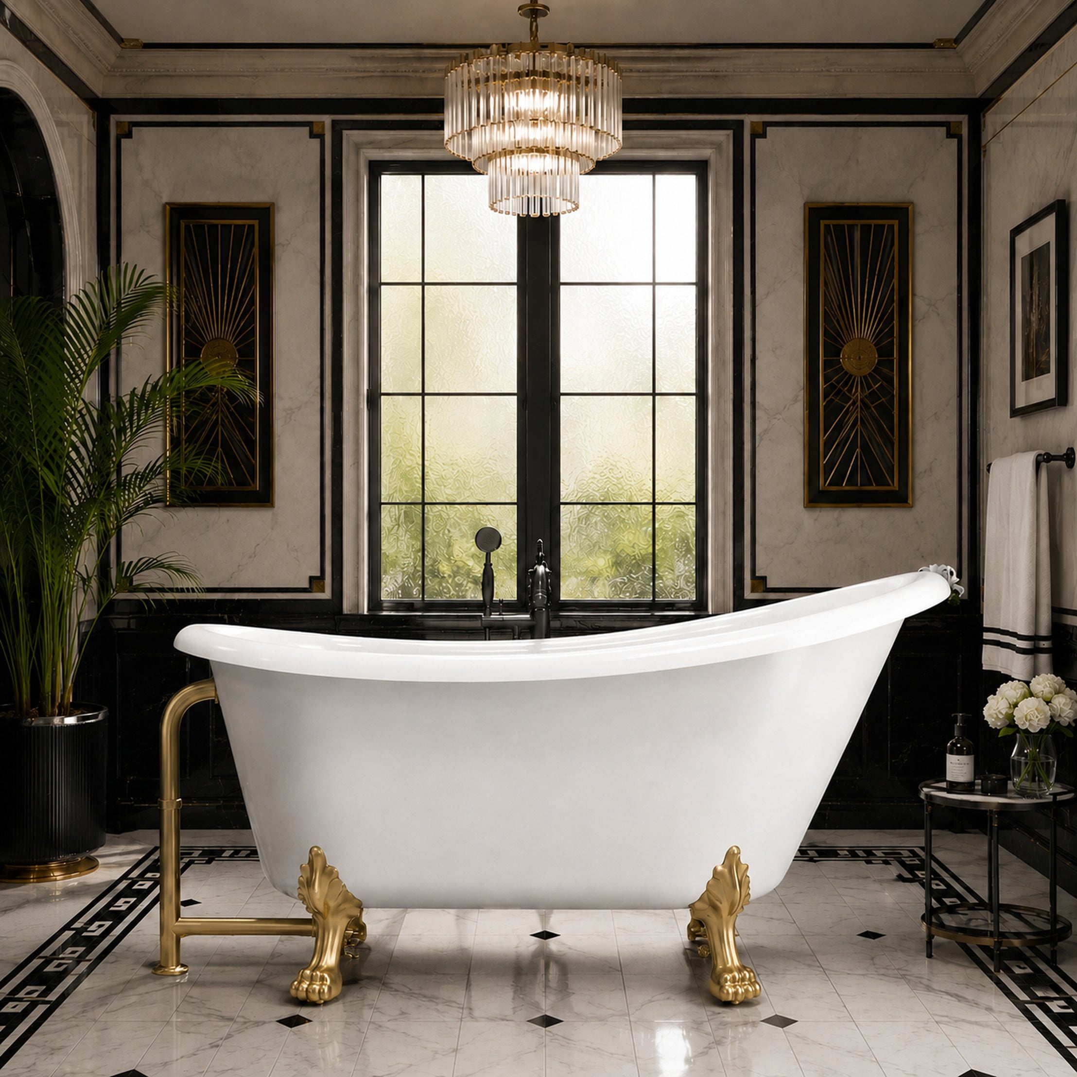 Hawke II 54-Inch Acrylic Slipper Clawfoot Tub - No Faucet Drillings - Lions Paw Feet | Alternative Image 01 | length:54.5 | faucet centers:None | foot finish:Brushed Brass