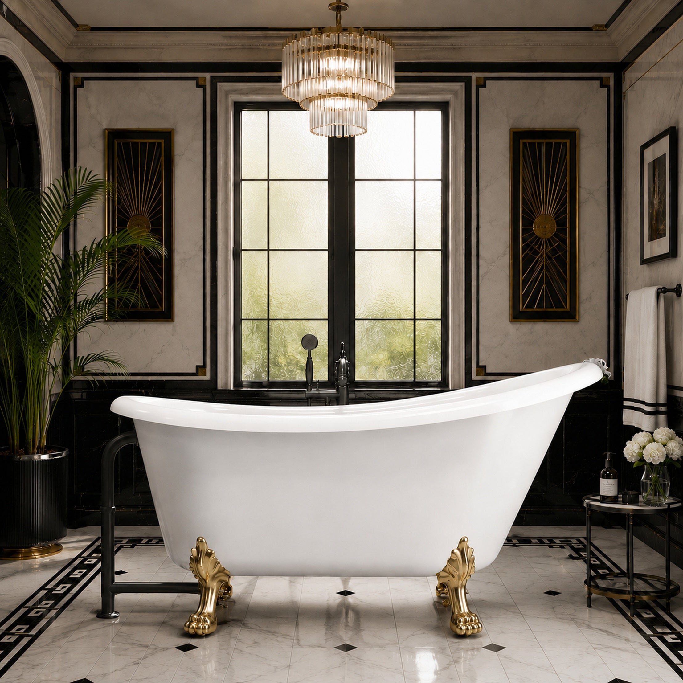 Hawke II 57-Inch Acrylic Slipper Clawfoot Tub - No Faucet Drillings - Lions Paw Feet | Alternative Image 01 | length:57 | faucet centers:None | foot finish:Polished Brass