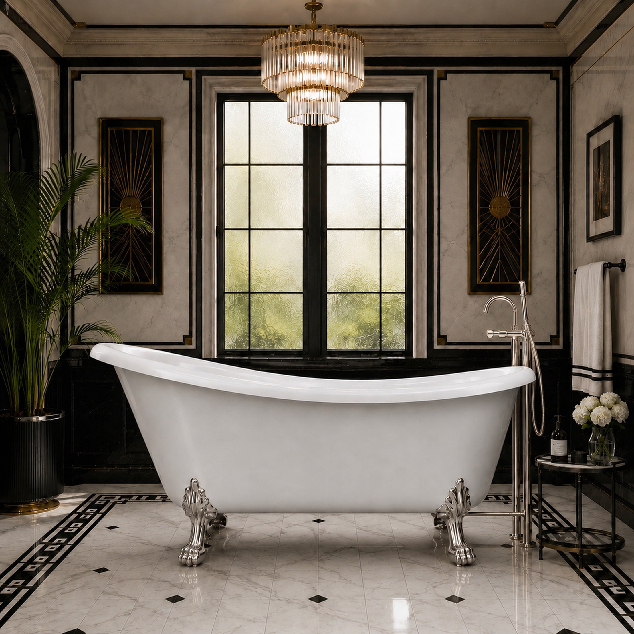 Hawke II 57-Inch Acrylic Slipper Clawfoot Tub - Rim Faucet Drillings - Lions Paw Feet | Alternative Image 01 | length:57 | faucet centers:7" | foot finish:Polished Nickel