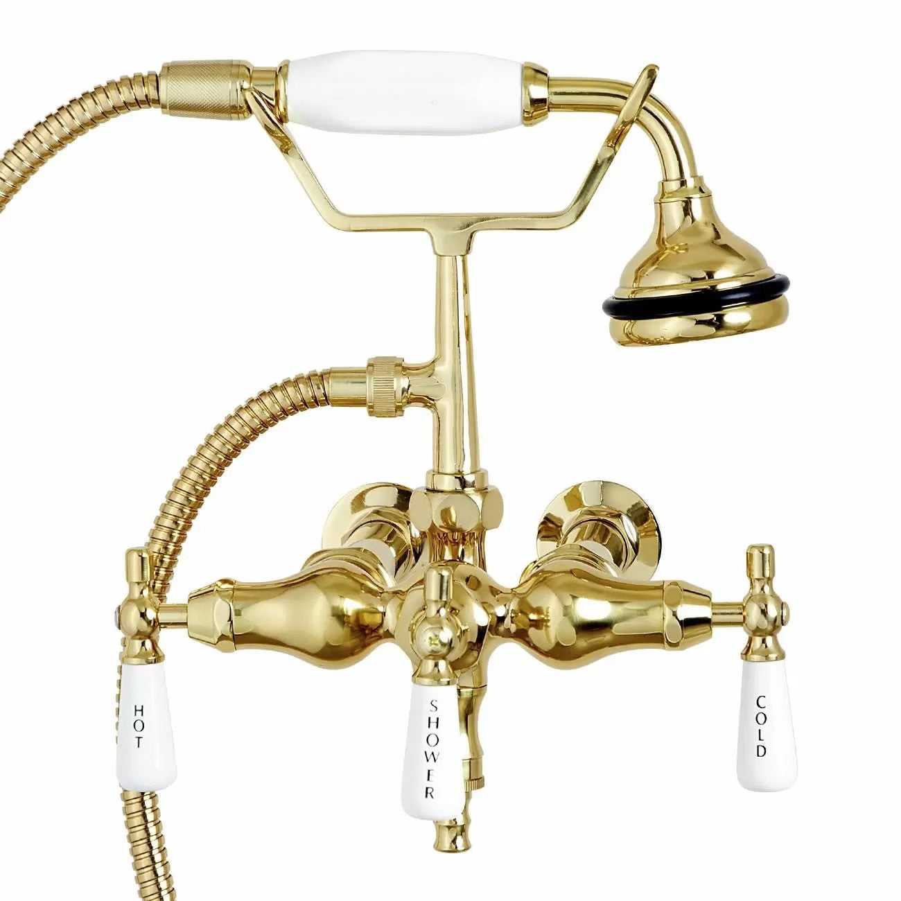 Bathroom Wall Mount Down Spout Clawfoot Tub Faucet with Handshower | Alternative Image 01 | finish:Polished Brass