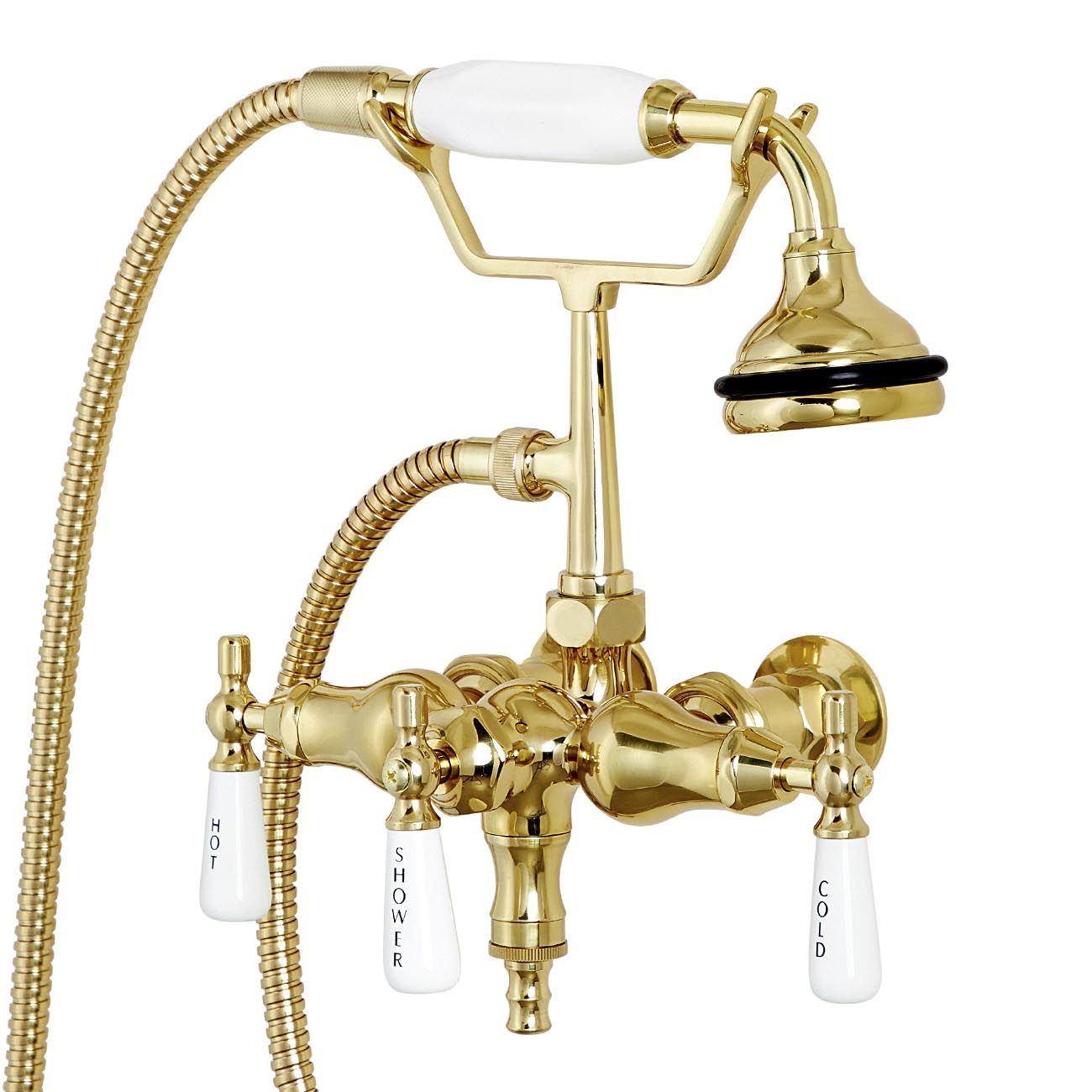 Bathroom Wall Mount Down Spout Clawfoot Tub Faucet with Handshower | Alternative Image 02 | finish:Polished Brass