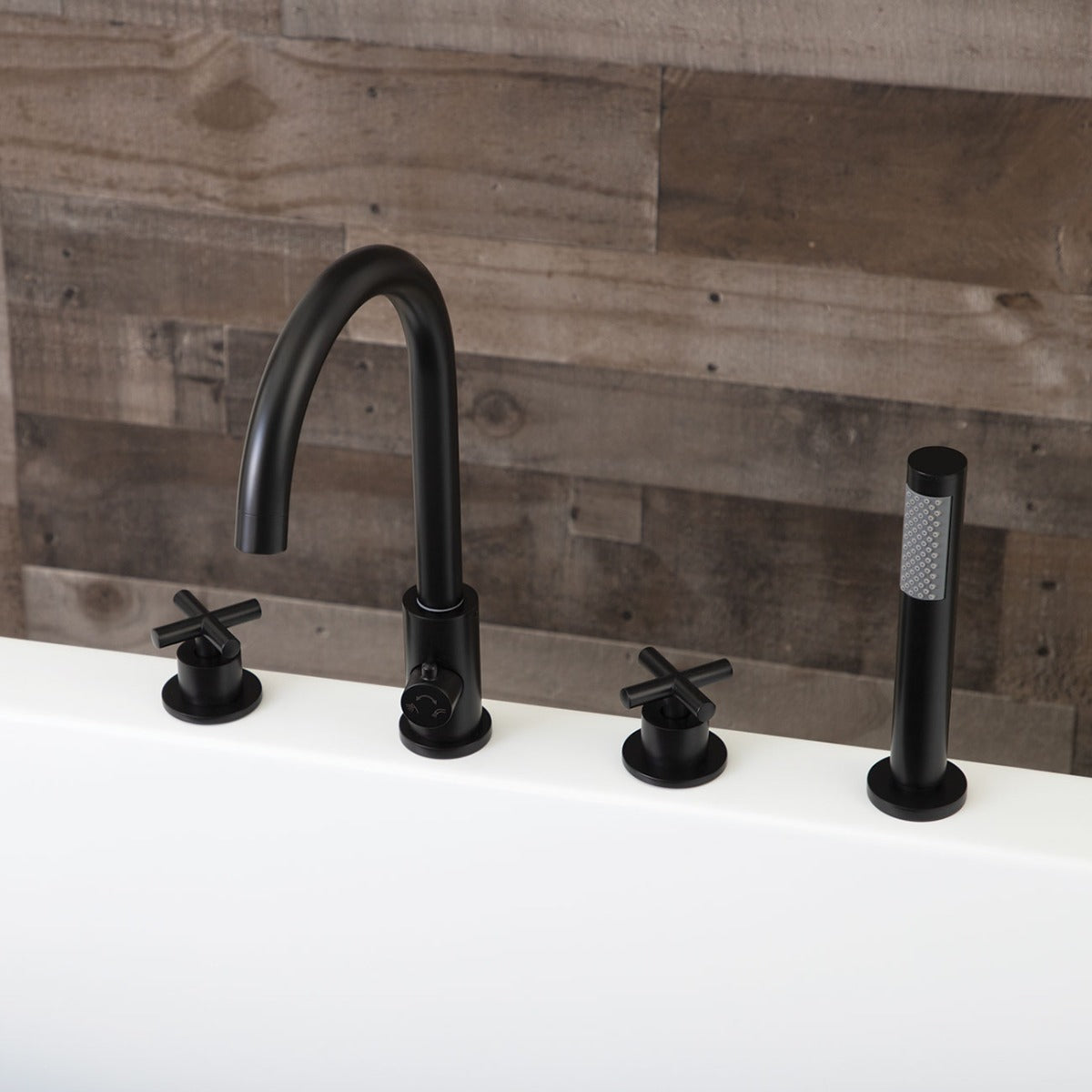 Tiberius  59 Inch Acrylic Double Ended Freestanding Bathtub and Faucet Package | Alternative Image 01 | length:59 | fixture finish:Matte Black | faucet style:Gooseneck 4 Hole Tub Faucet - Cross Handles