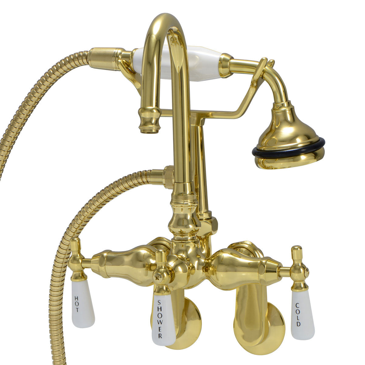Tub Wall Mount English Telephone Faucet - Gooseneck Spout | Alternative Image 01 | finish:Polished Brass