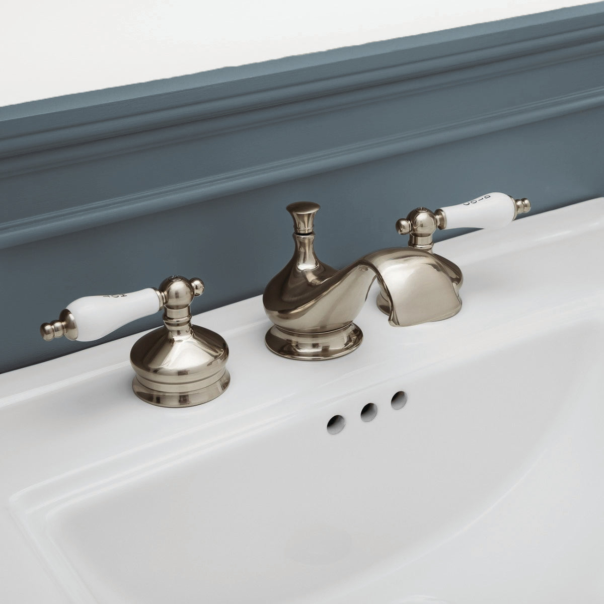 Mila Widespread Bathroom Sink Faucet - Porcelain Lever Handles - Brushed Nickel | Alternative Image 01 | finish:Brushed Nickel