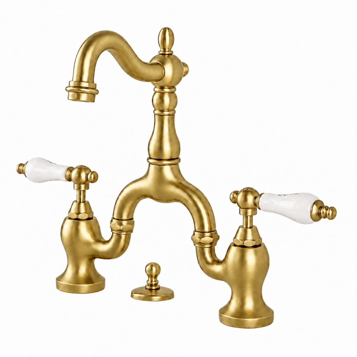 Bellmont Bridge Bathroom Sink Faucet - Porcelain Lever Handles - Brushed Brass | Alternative Image 01 | finish:Brushed Brass