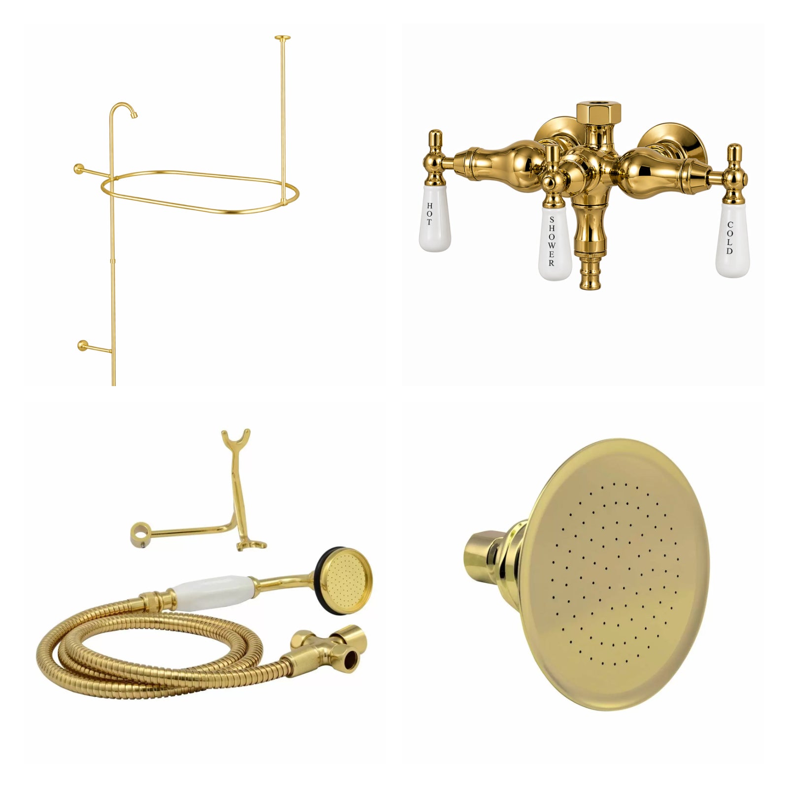 Deck Mount Shower Kit with Down Spout Faucet | Alternative Image 01 | finish:Polished Brass | shower head:Watering Can