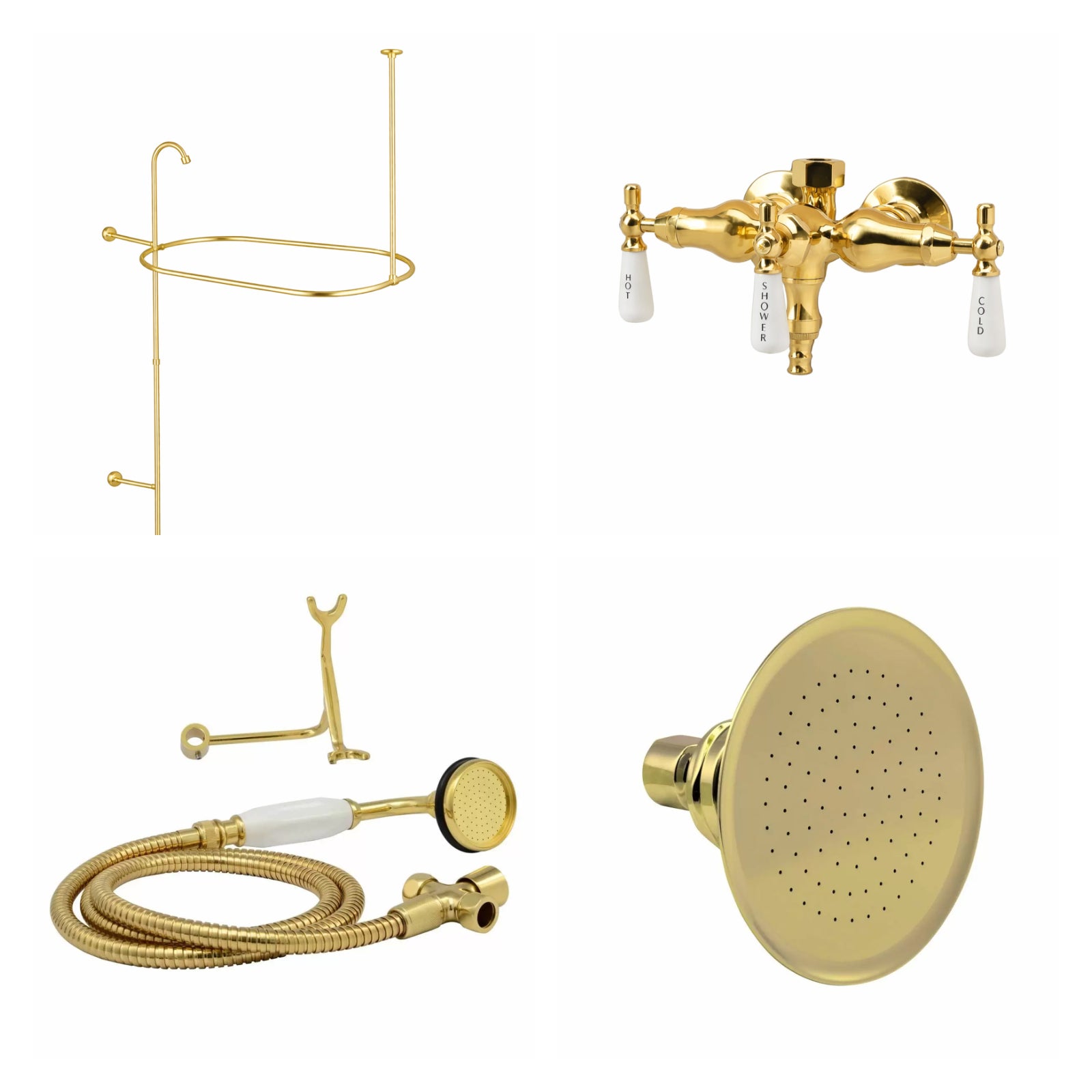 Tub Wall Mount Shower Kit with Down Spout Faucet | Alternative Image 01 | finish:Polished Brass | shower head:Watering Can