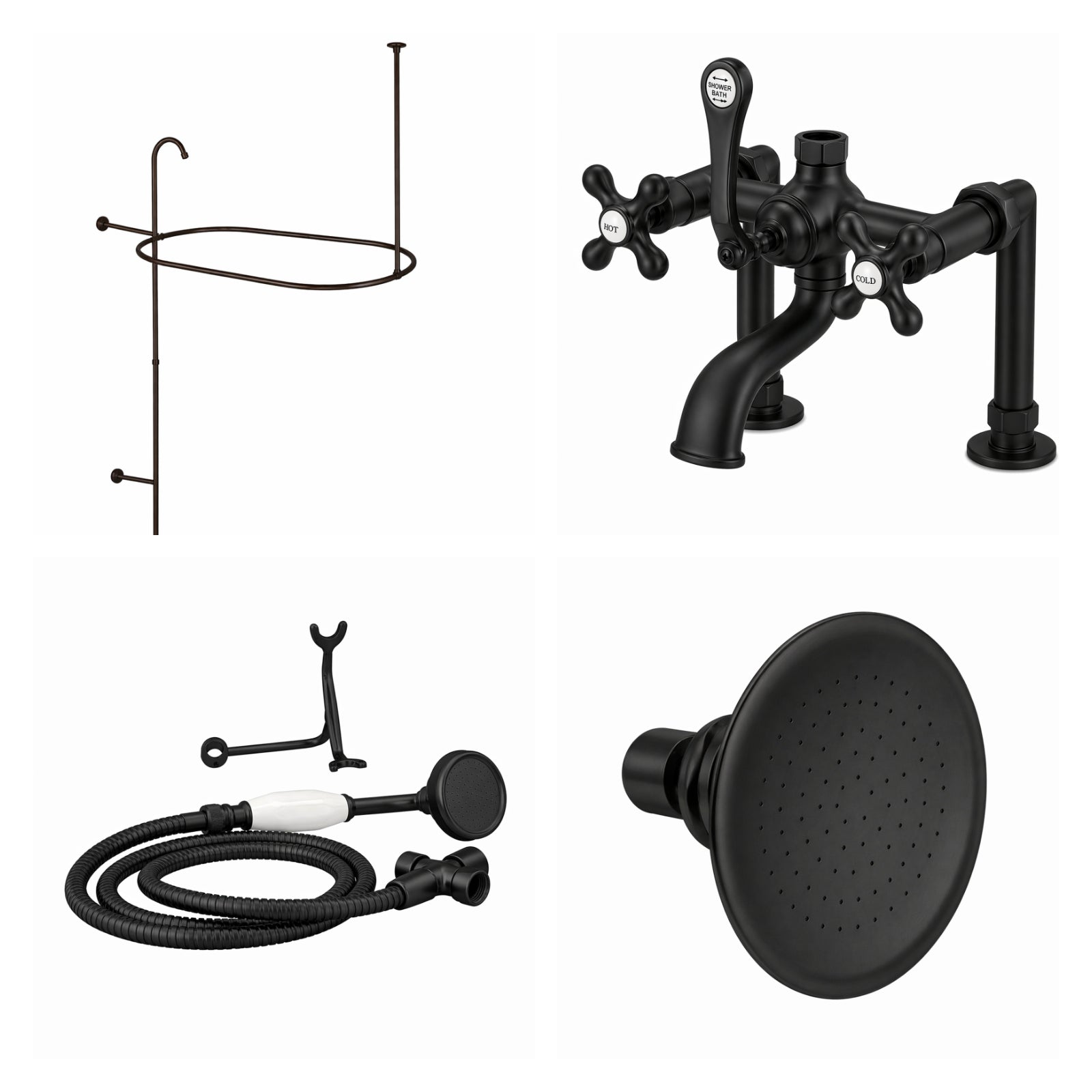 54 Inch Clawfoot Tub Rim Mount Shower Enclosure with Faucet and Watering Can Shower Head | Alternative Image 01 | finish:Matte Black | shower head:Watering Can