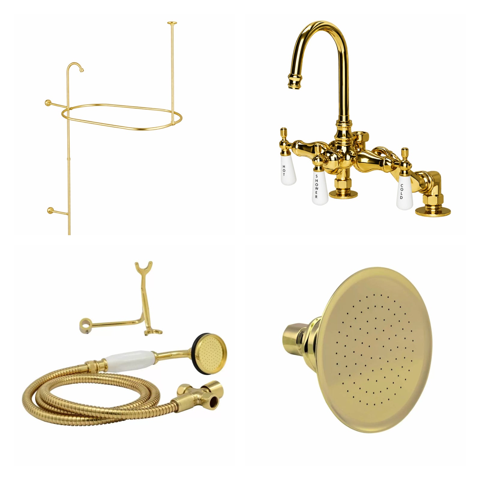 Deck Mount Shower Kit with Gooseneck Faucet | Alternative Image 01 | finish:Polished Brass | shower head:Watering Can