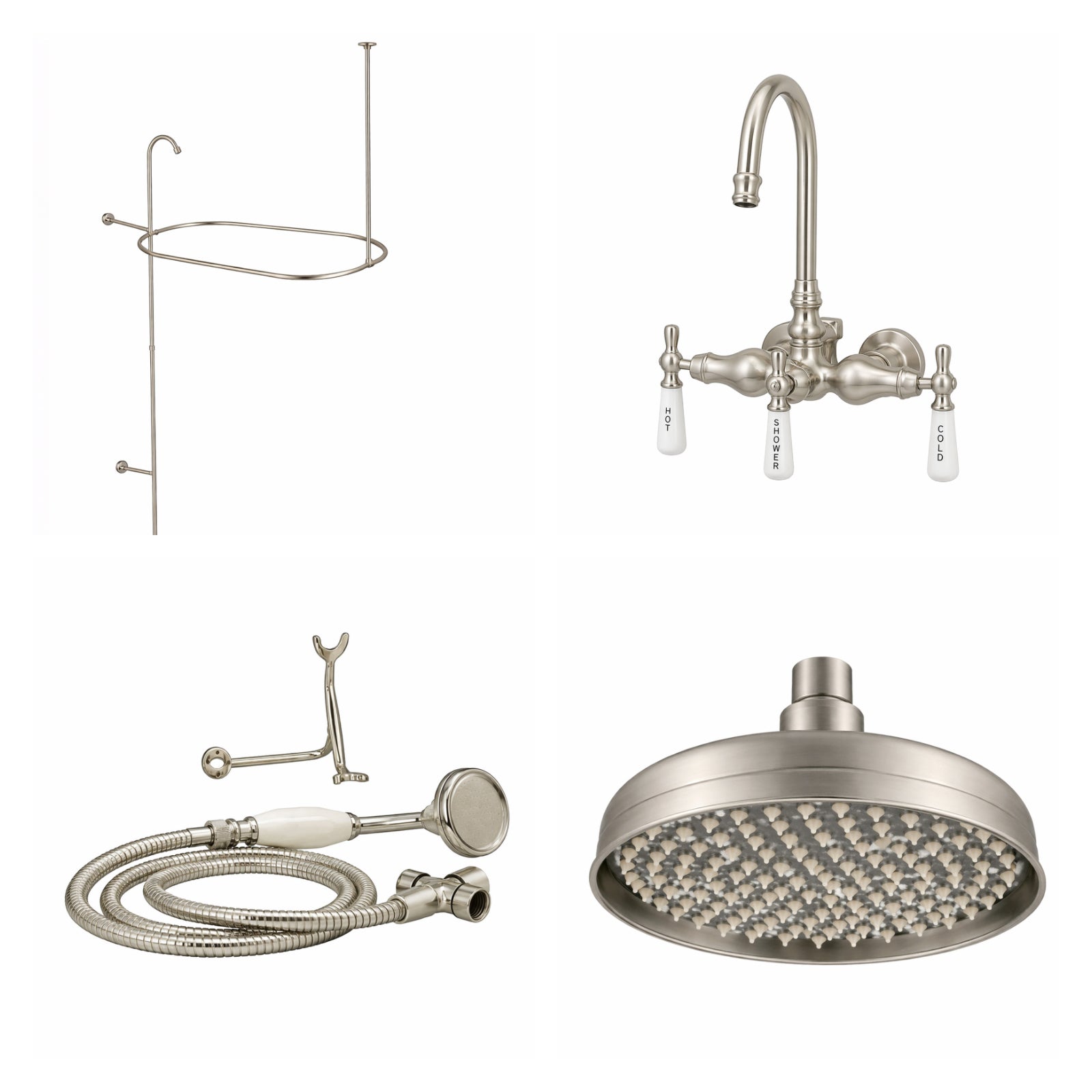 Tub Wall Mount Shower Kit with Gooseneck Faucet | Alternative Image 01 | finish:Brushed Nickel | shower head:Rain