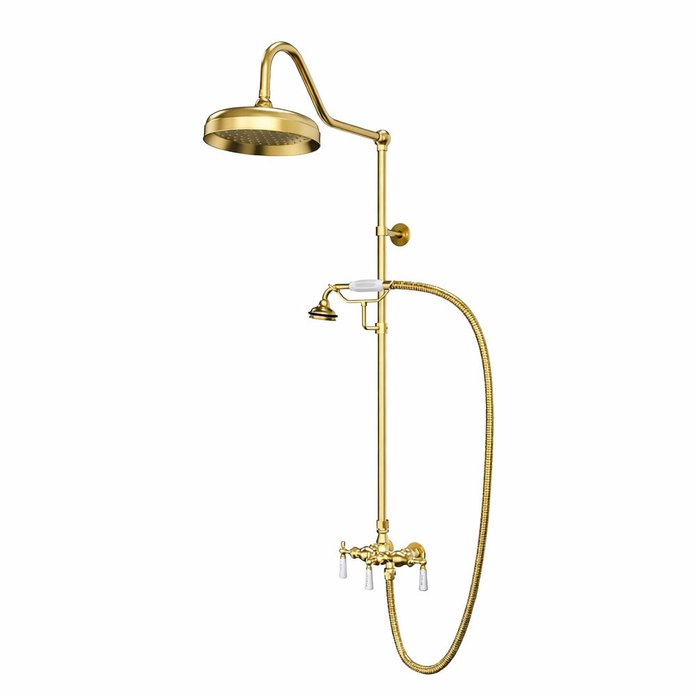 Exposed Porcelain Handle Shower Set with Handshower -Polished Brass | Alternative Image 01 | finish:Polished Brass