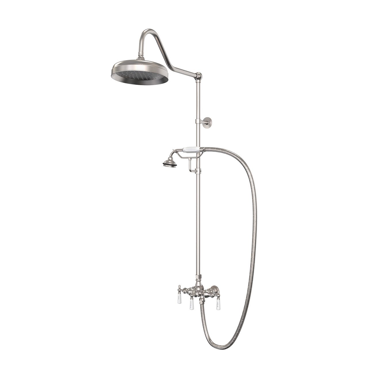 Exposed Porcelain Handle Shower Set with Handshower | Alternative Image 01 | finish:Brushed Nickel