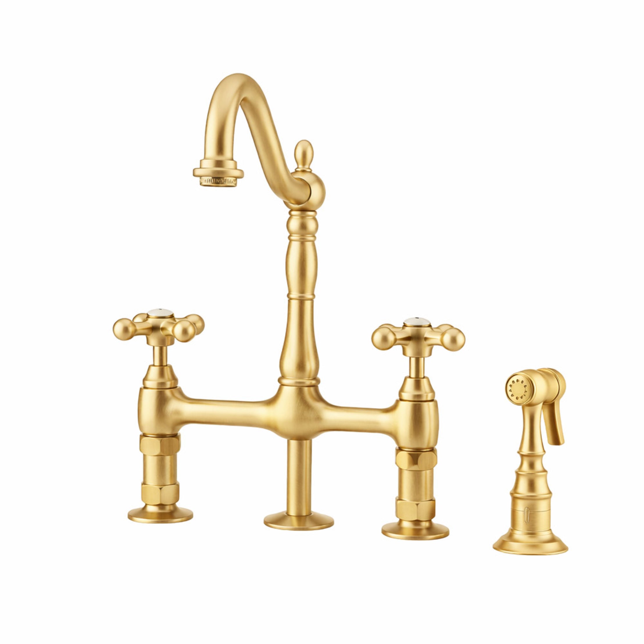 Adriana Bridge Kitchen Faucet - Metal Cross Handles-Brushed Brass | Alternative Image 01 | finish:Brushed Brass