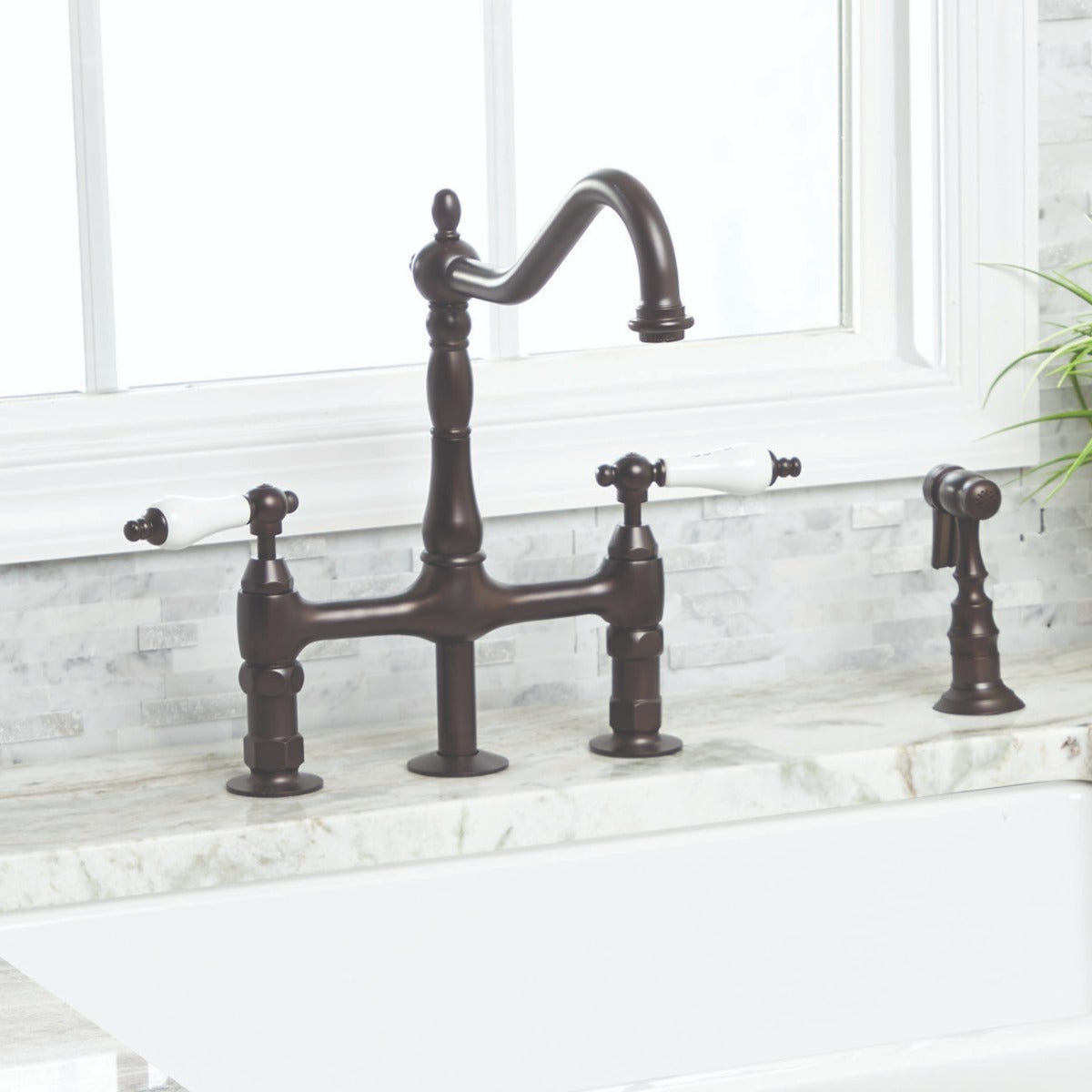 Adriana Bridge Kitchen Faucet - Porcelain Lever Handles - Super Coated Brass | Alternative Image 01 | finish:Polished Brass