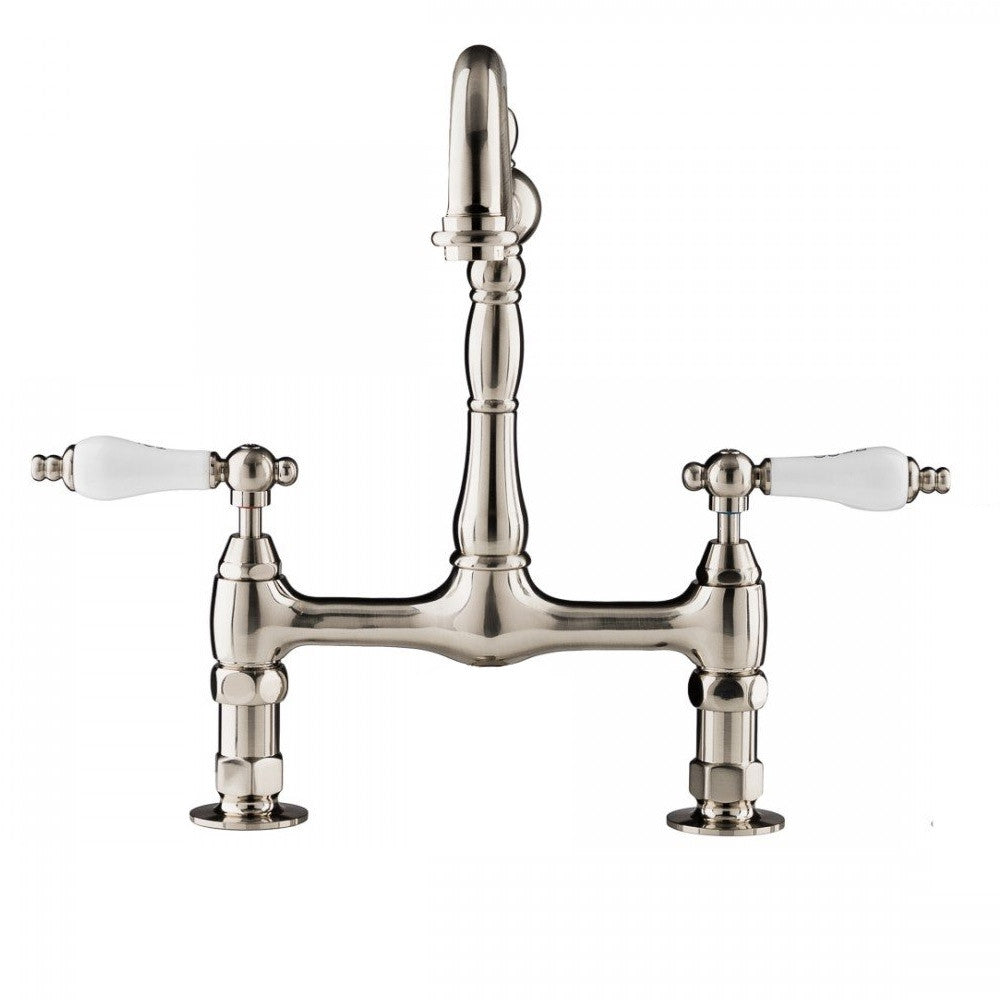 Adriana Bridge Kitchen Faucet - Porcelain Lever Handles - Brushed Nickel | Alternative Image 01 | finish:Brushed Nickel