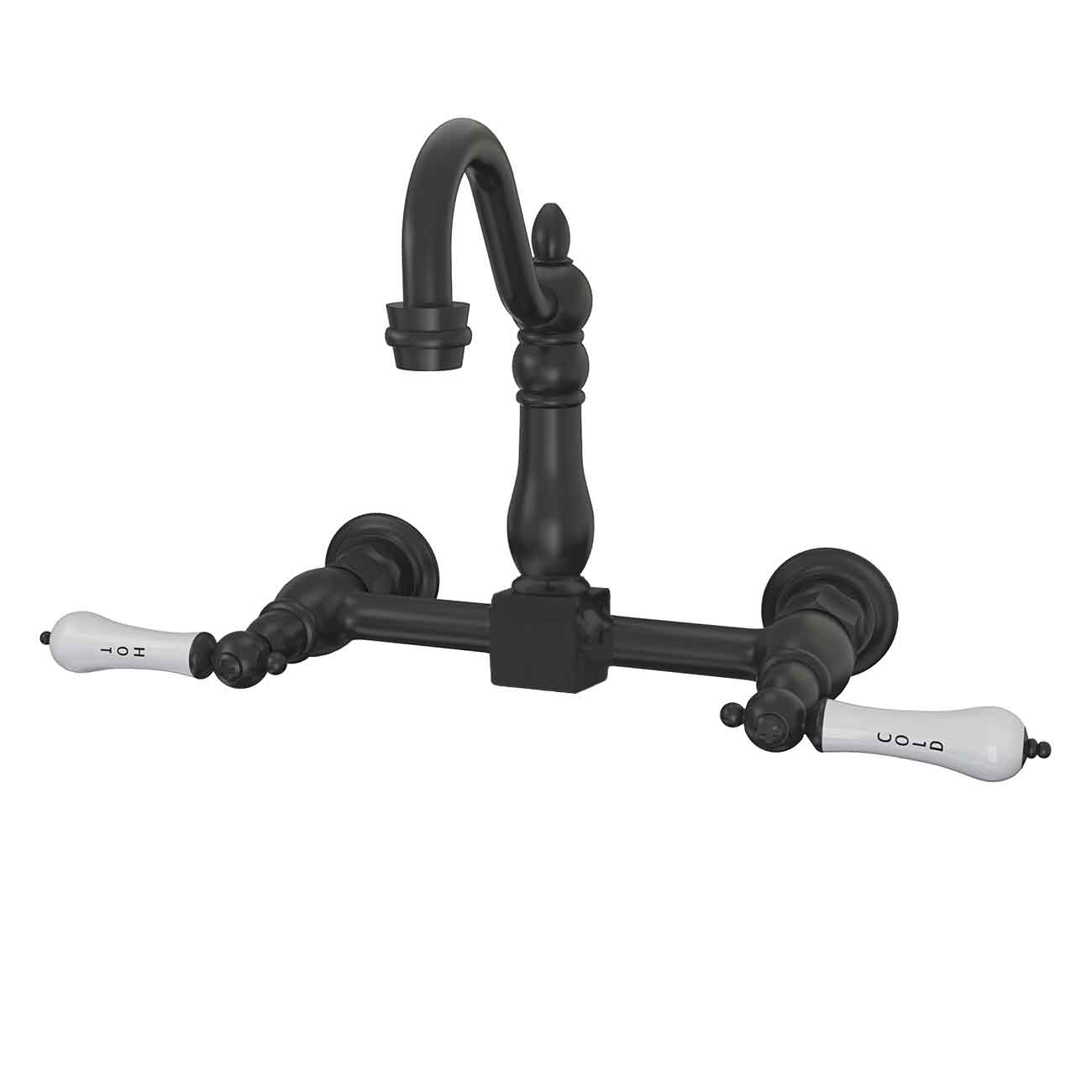 Wall Mounted Bridge Kitchen Faucet with Porcelain Lever Handles - 7 Inch Spout Reach | Alternative Image 01 | finish:Matte Black