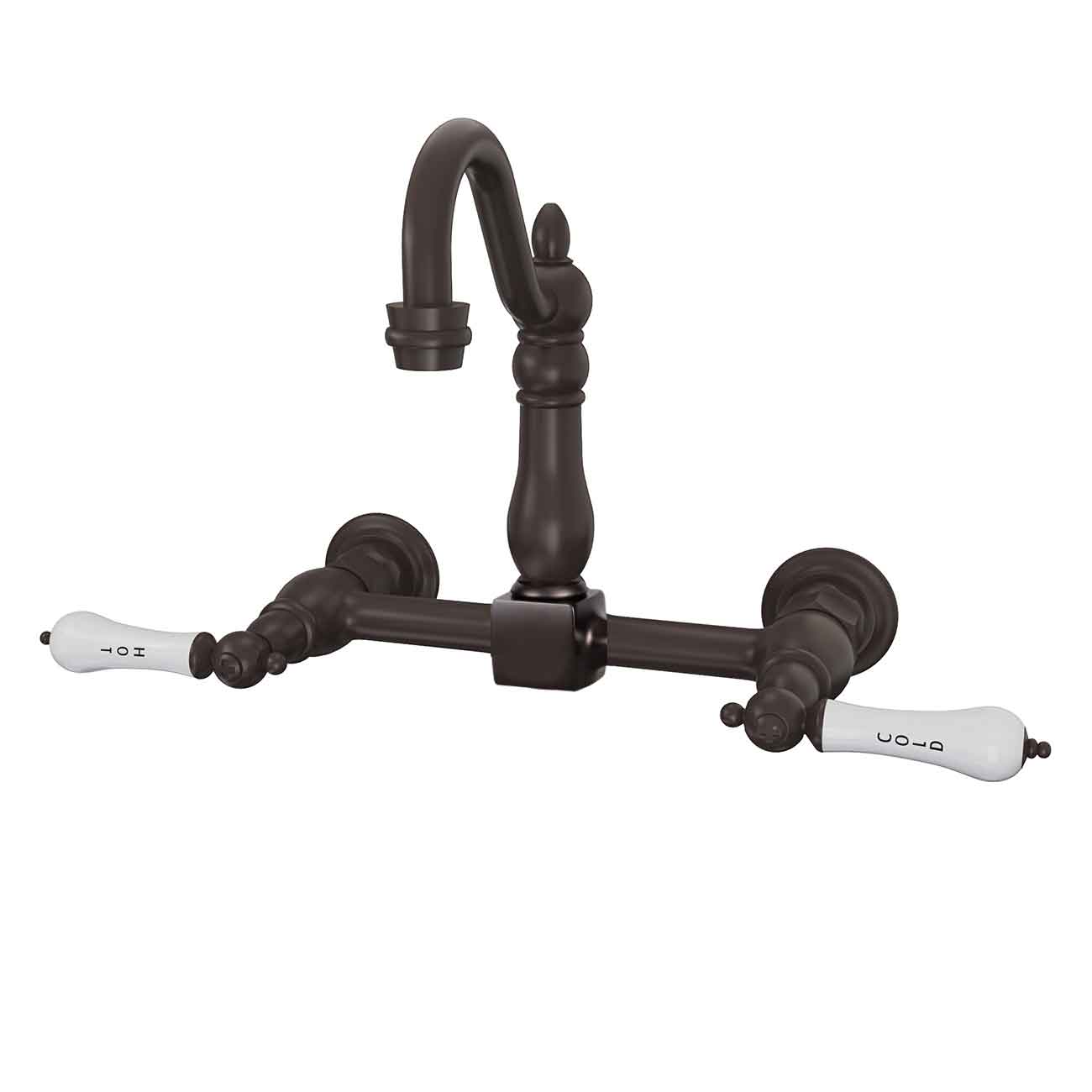 Wall Mounted Bridge Kitchen Faucet with Porcelain Lever Handles - 7 Inch Spout Reach | Alternative Image 05 | finish:Matte Black