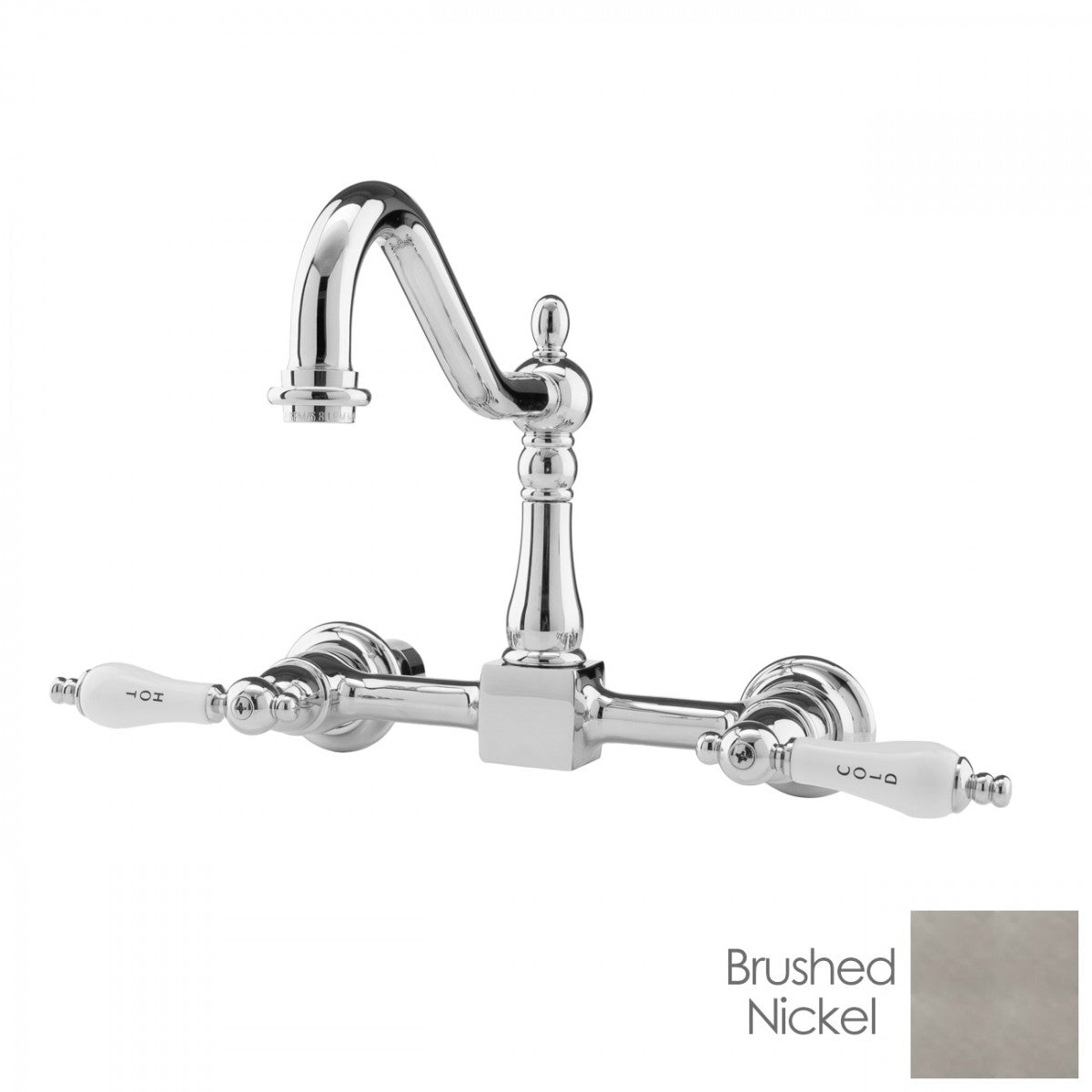 Peyton Wall Mount Kitchen Faucet - Porcelain Lever Handles - Brushed Nickel | Alternative Image 01 | finish:Brushed Nickel