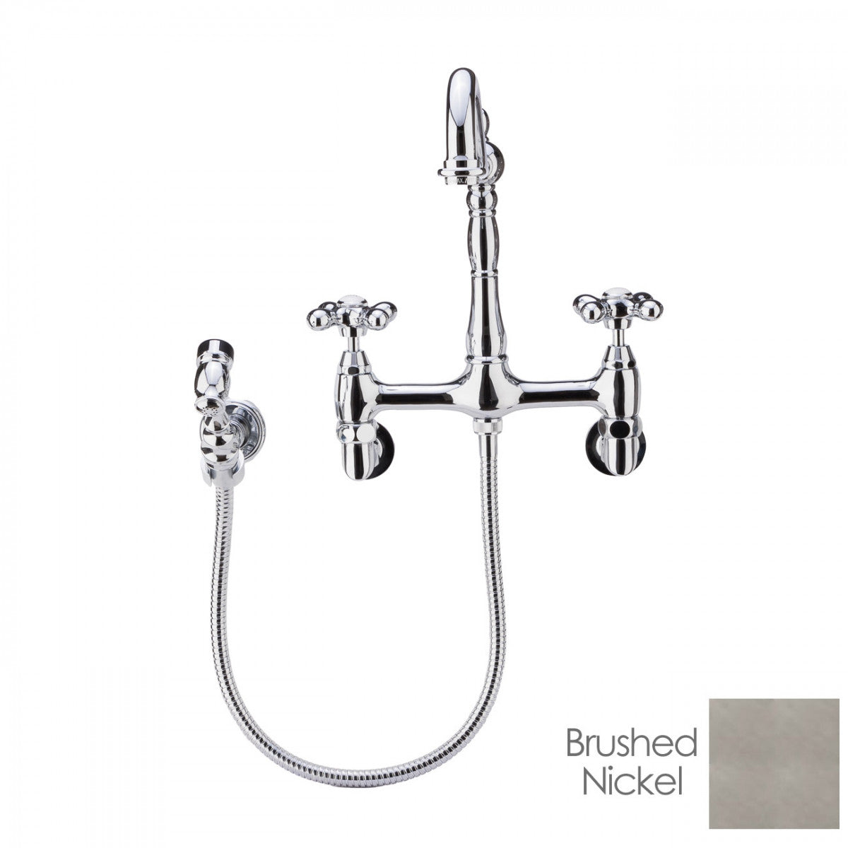 Audrey Wall Mount Kitchen Faucet - Metal Cross Handles - Brushed Nickel | Alternative Image 01 | finish:Brushed Nickel