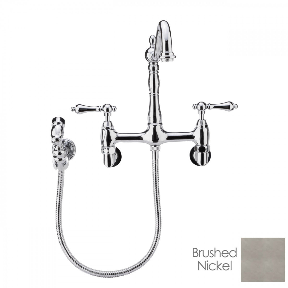 Audrey Wall Mount Kitchen Faucet - Metal Lever Handles - Brushed Nickel | Alternative Image 01 | finish:Brushed Nickel