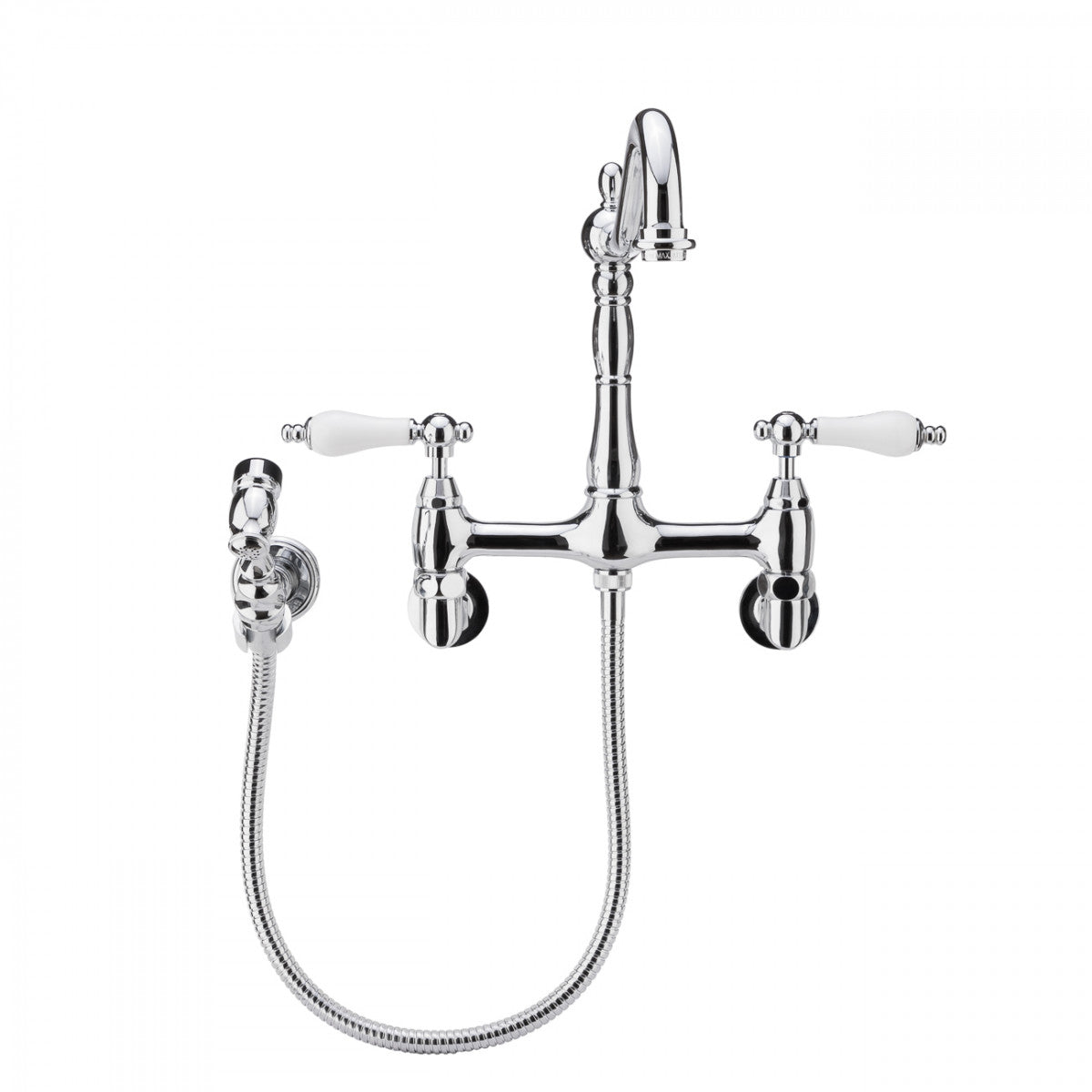 Audrey Wall Mount Kitchen Faucet - Porcelain Lever Handles - Chrome | Alternative Image 01 | finish:Chrome