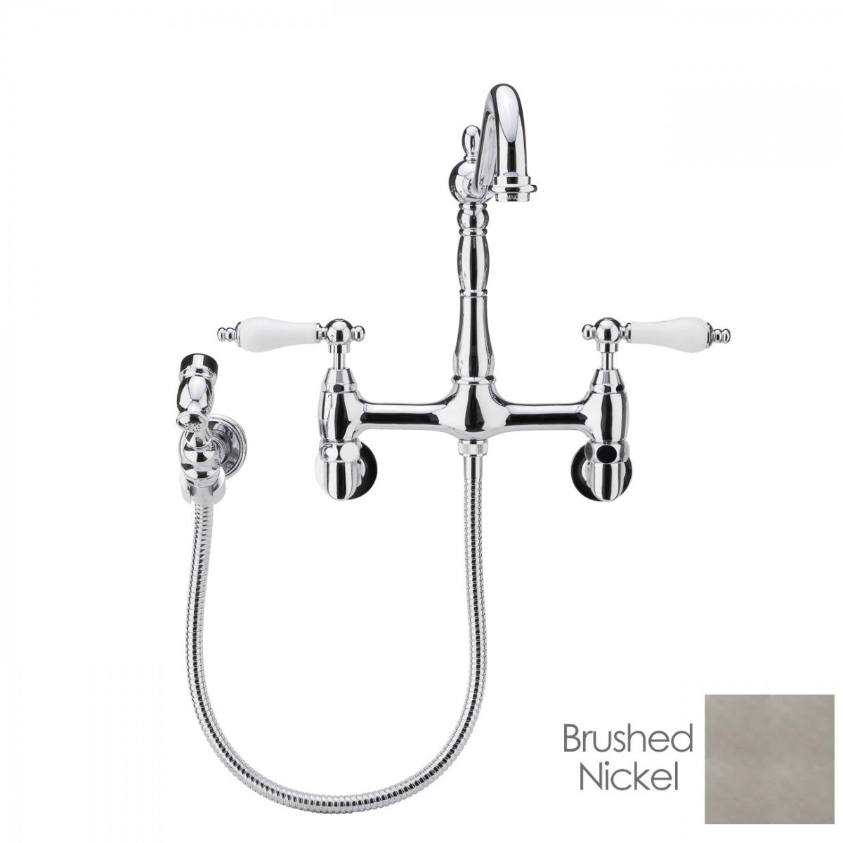 Audrey Wall Mount Kitchen Faucet - Porcelain Lever Handles - Brushed Nickel | Alternative Image 01 | finish:Brushed Nickel