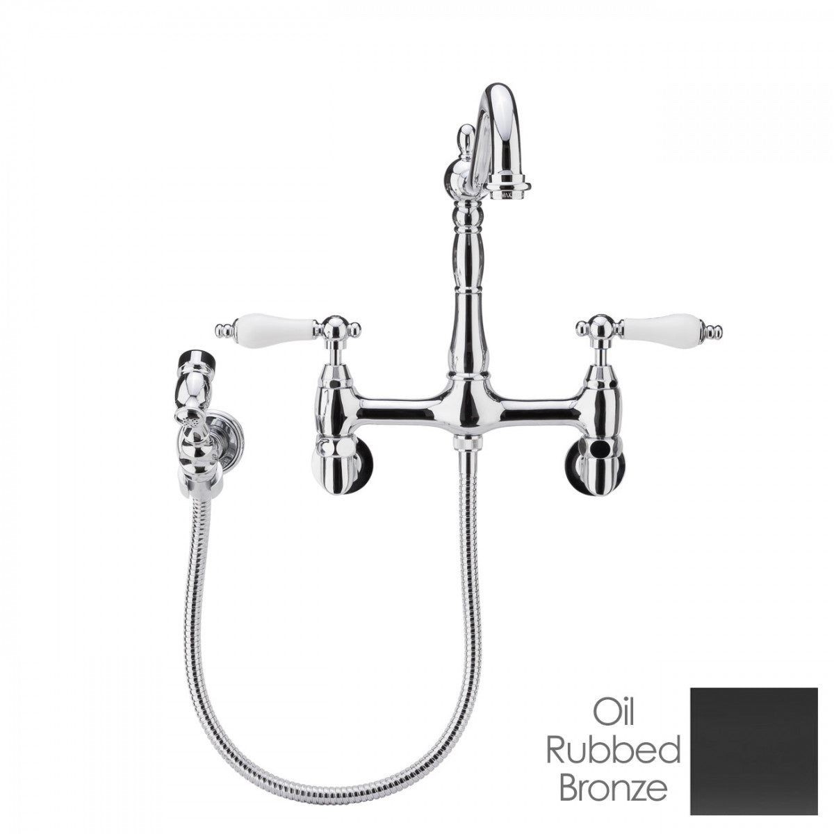 Audrey Wall Mount Kitchen Faucet - Porcelain Lever Handles - Oil Rubbed Bronze | Alternative Image 01 | finish:Oil Rubbed Bronze