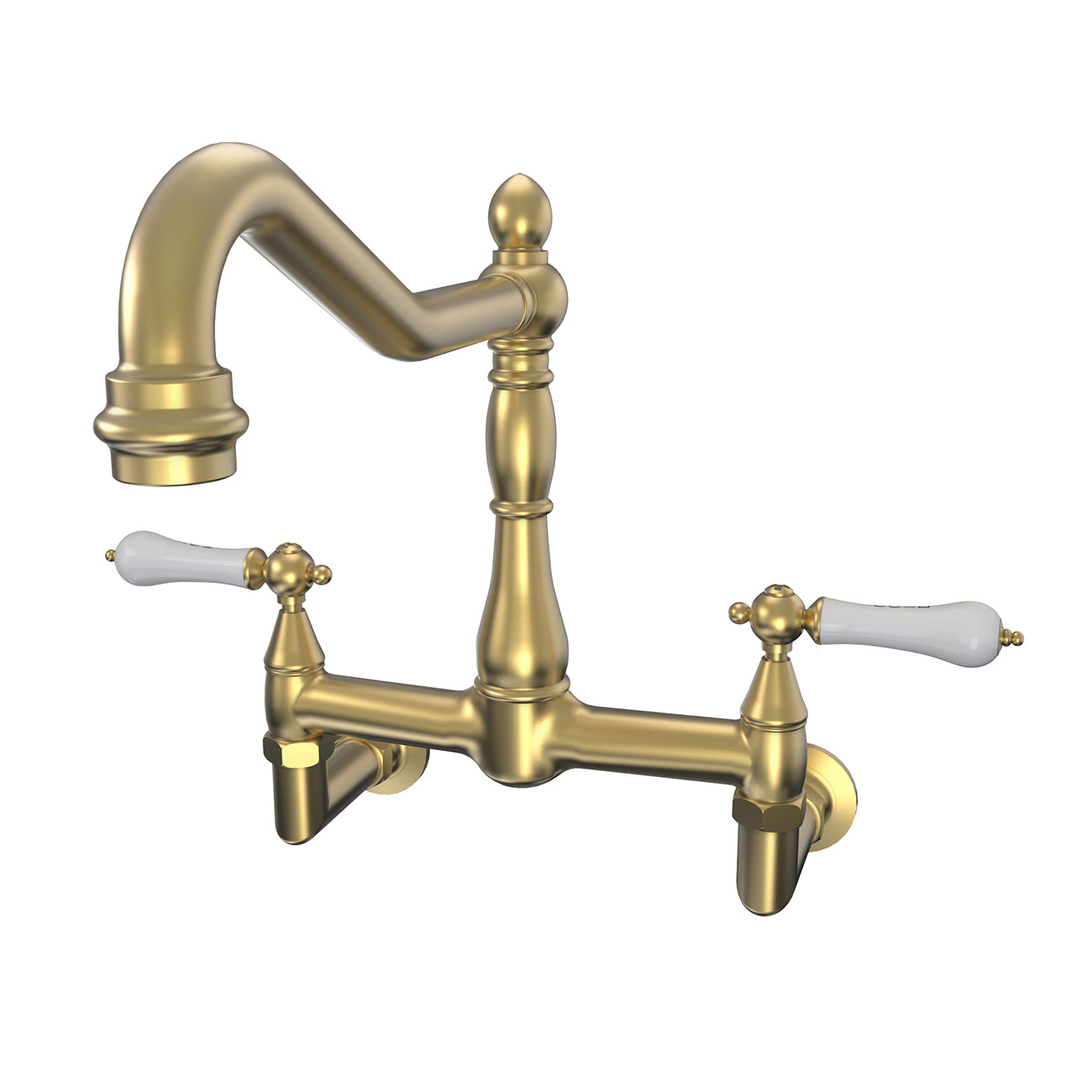 Audrey Wall Mount Kitchen Faucet - Porcelain Lever Handles - Brushed Brass | Alternative Image 01 | finish:Brushed Brass