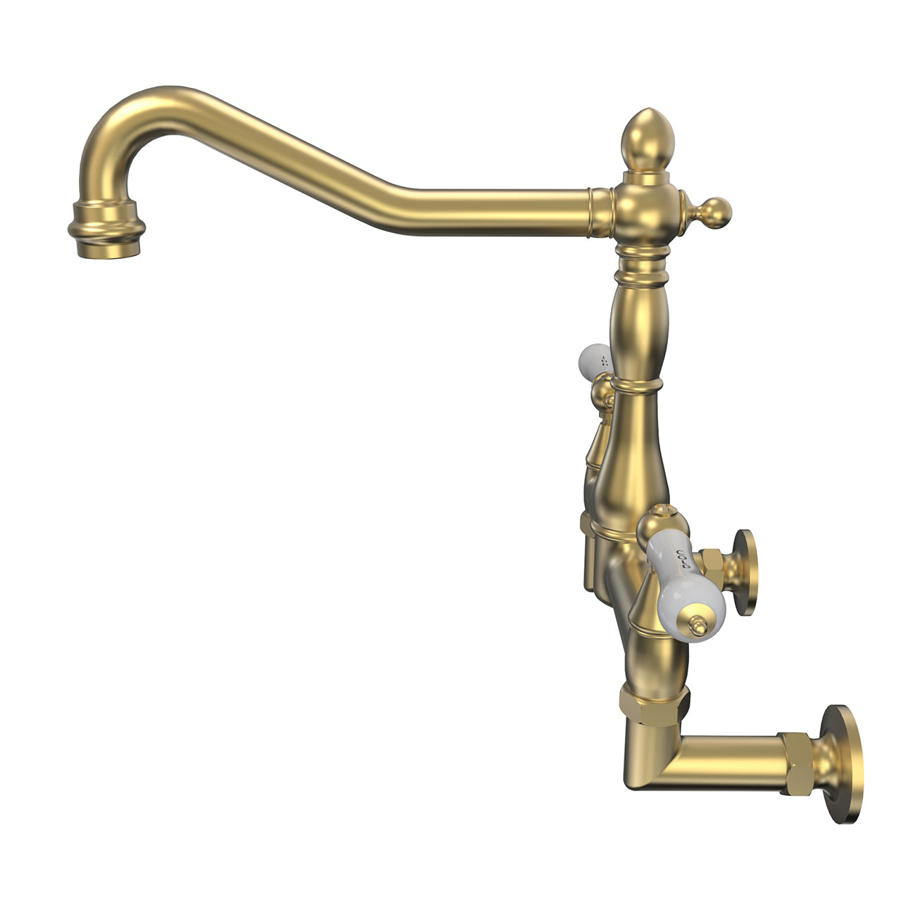 Audrey Wall Mount Kitchen Faucet - Porcelain Lever Handles - Brushed Brass | Alternative Image 02 | finish:Brushed Brass