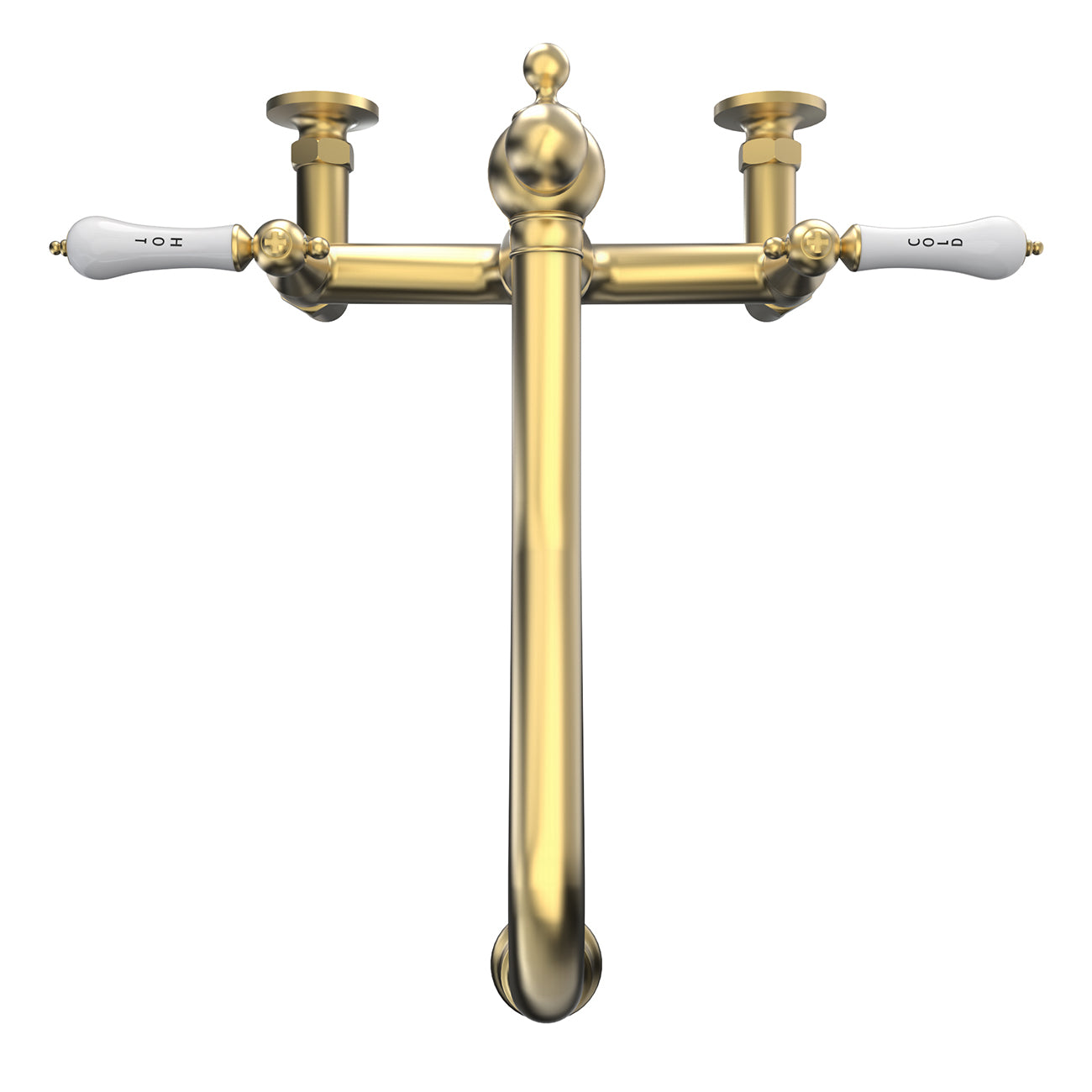 Audrey Wall Mount Kitchen Faucet - Porcelain Lever Handles - Brushed Brass | Alternative Image 03 | finish:Brushed Brass